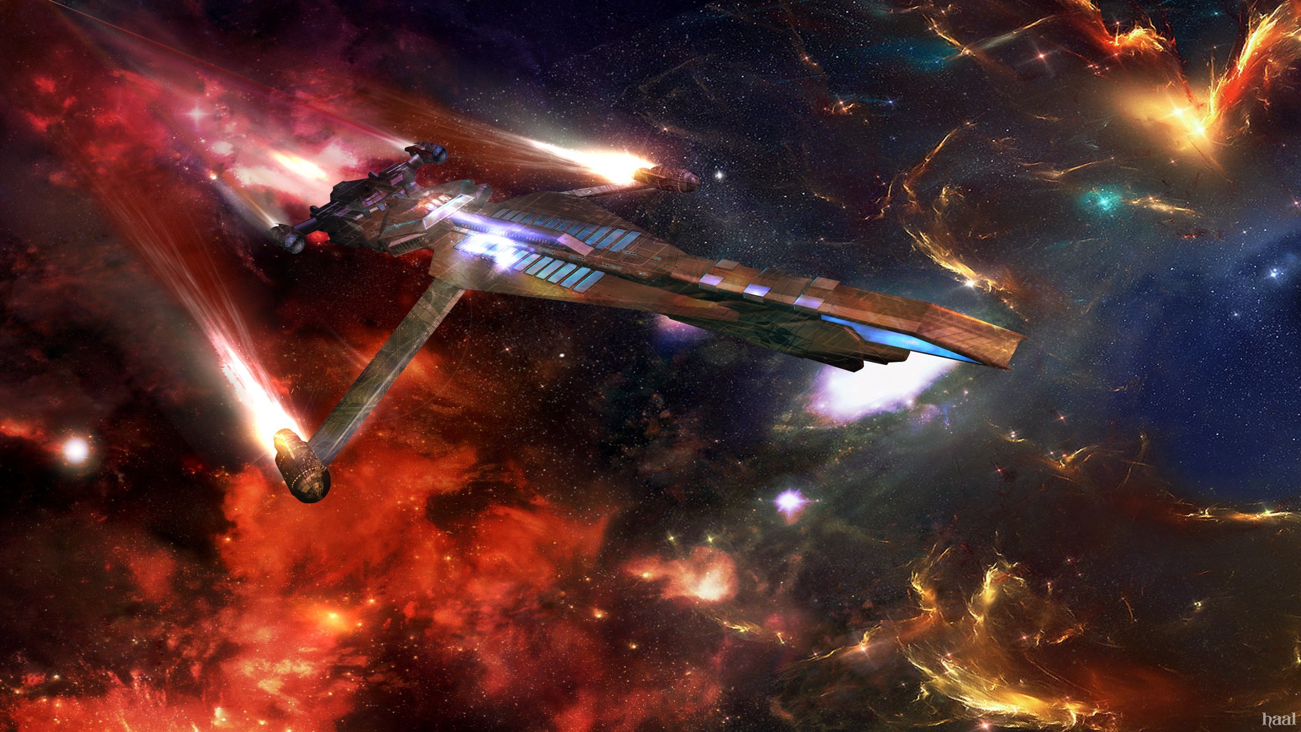 Spaceship in a colorful nebula HD Wallpaper
