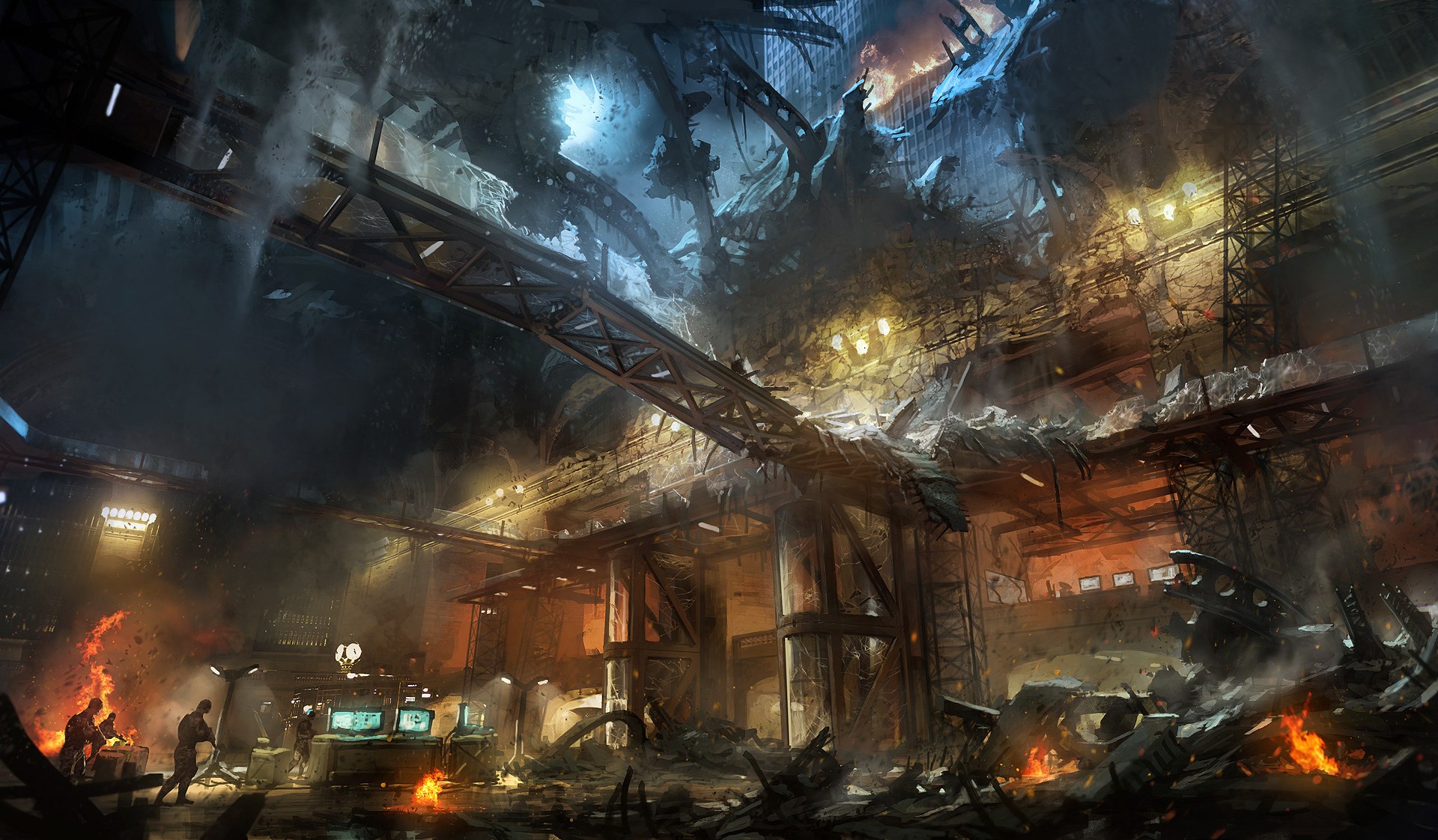 Crysis 2 destroyed industrial interior with workers HD Wallpaper