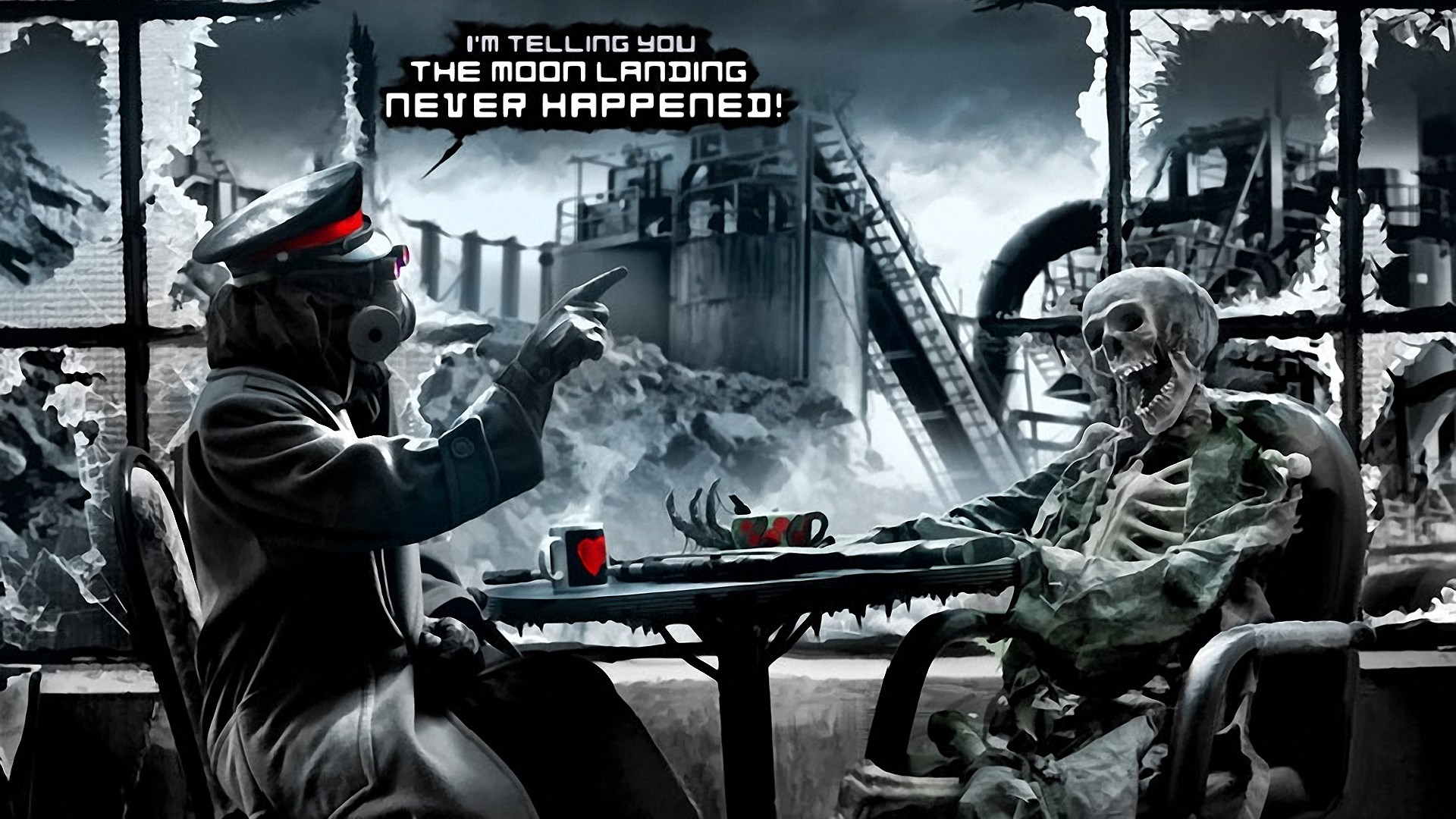 Apocalyptic scene with a skeleton and a masked figure HD Wallpaper