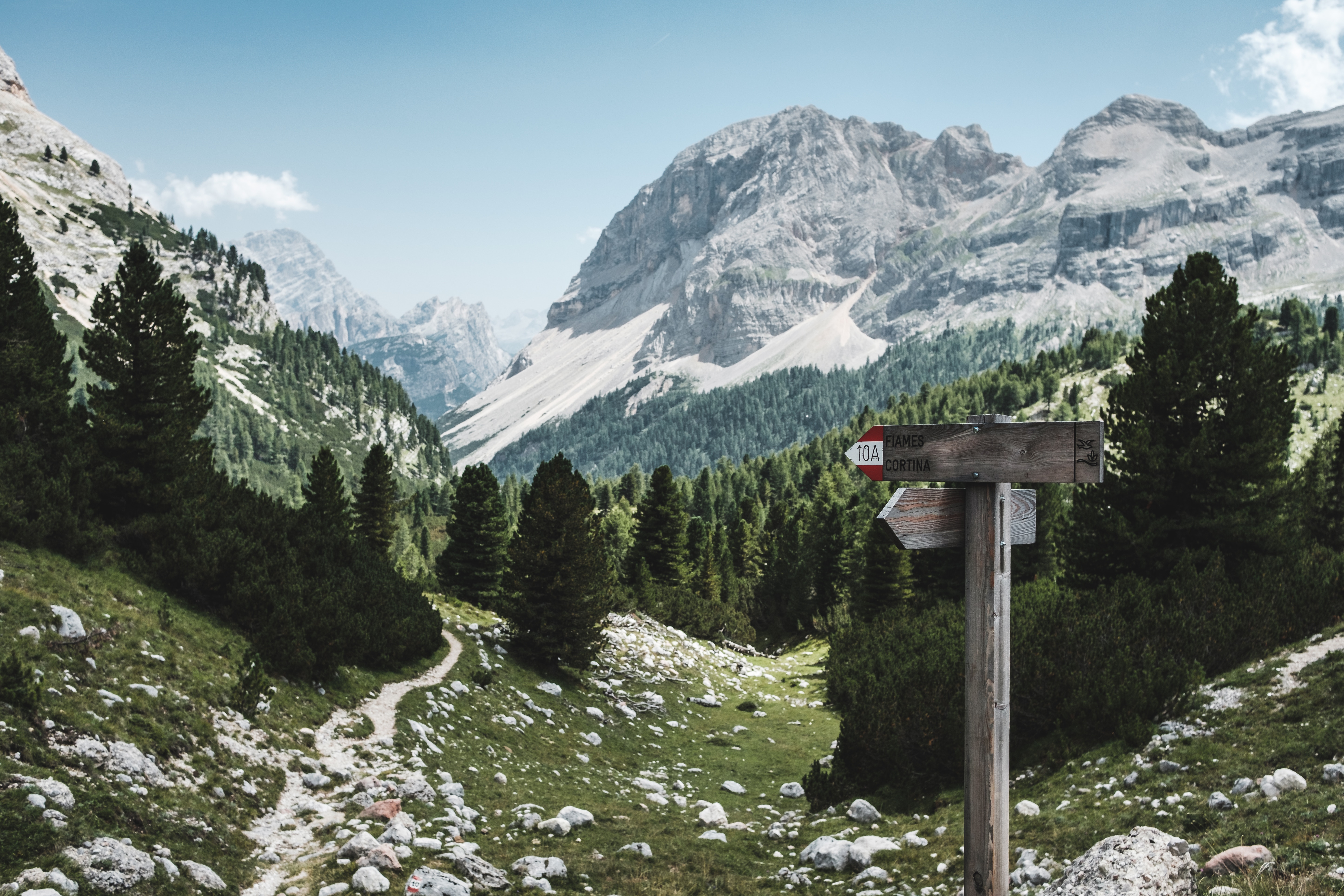 Mountain trail signpost in the Dolomites, Italy HD Wallpaper