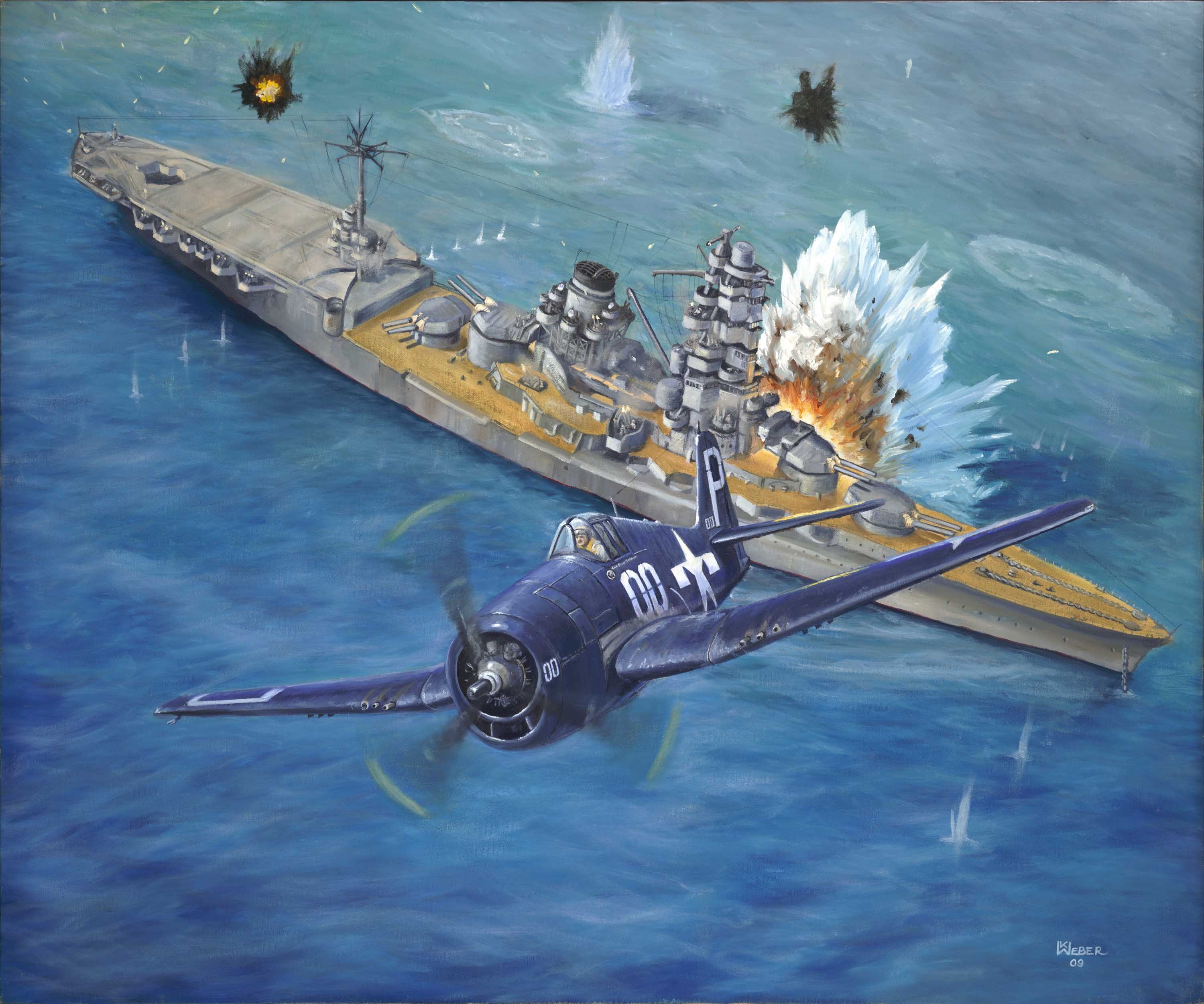 Grumman F6F Hellcat attacking a battleship HD Wallpaper