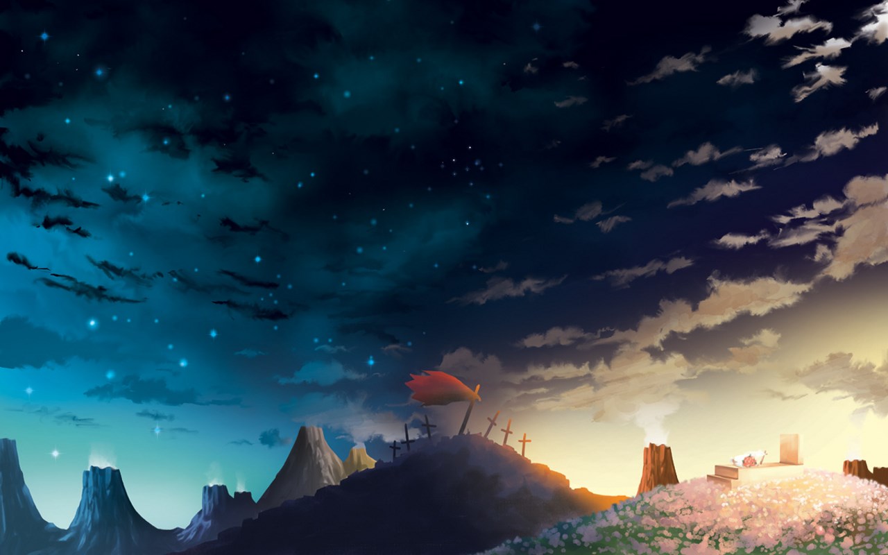 Tengen Toppa Gurren Lagann landscape with graves and a red flag HD Wallpaper