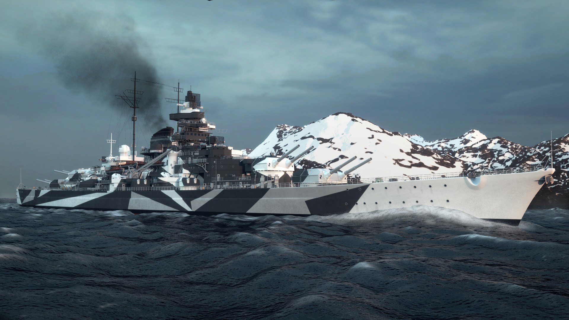 German Battleship Tirpitz at Sea with Snowy Mountains HD Wallpaper