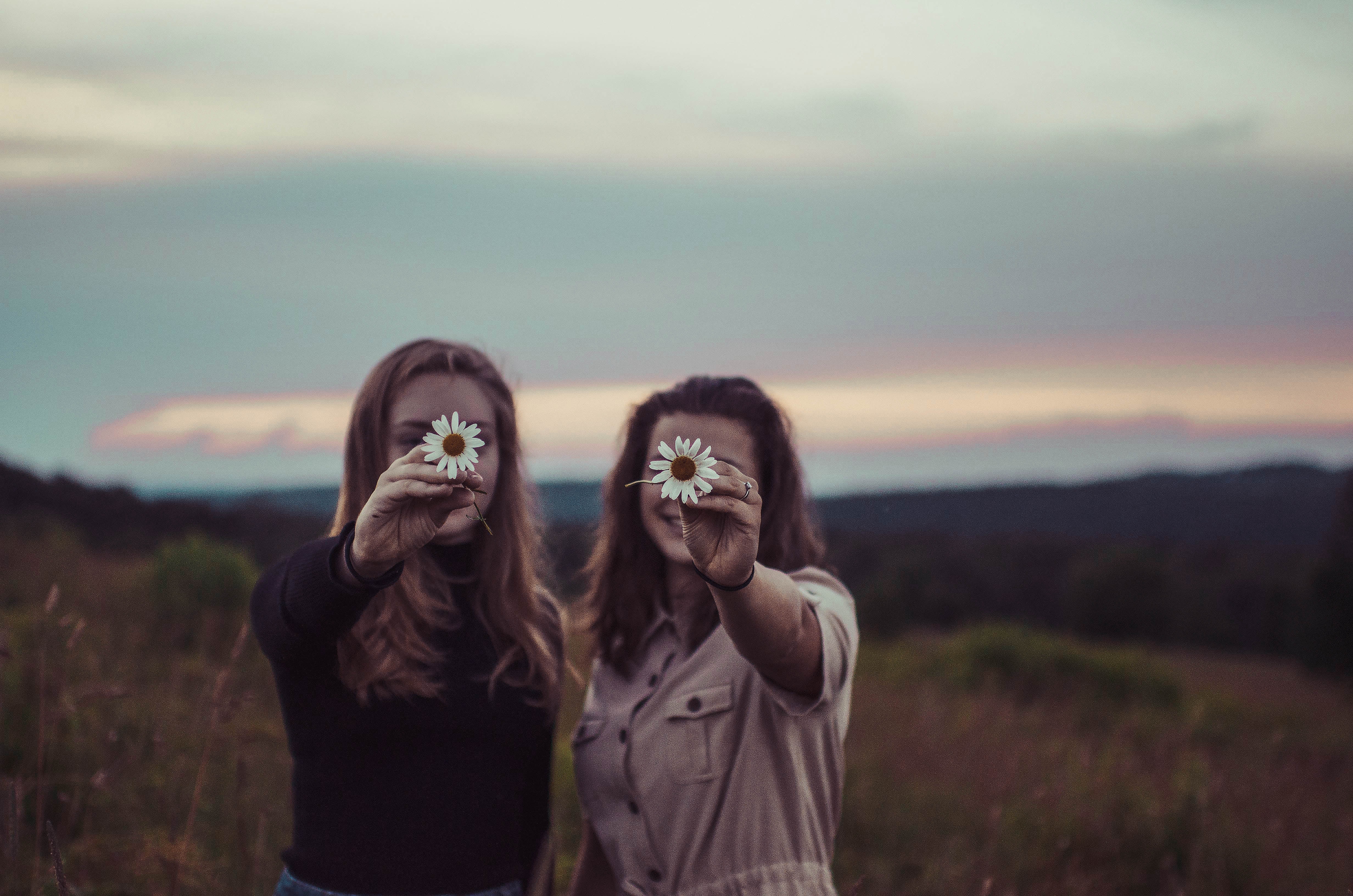 Two women holding daisies in a field at dusk HD Wallpaper