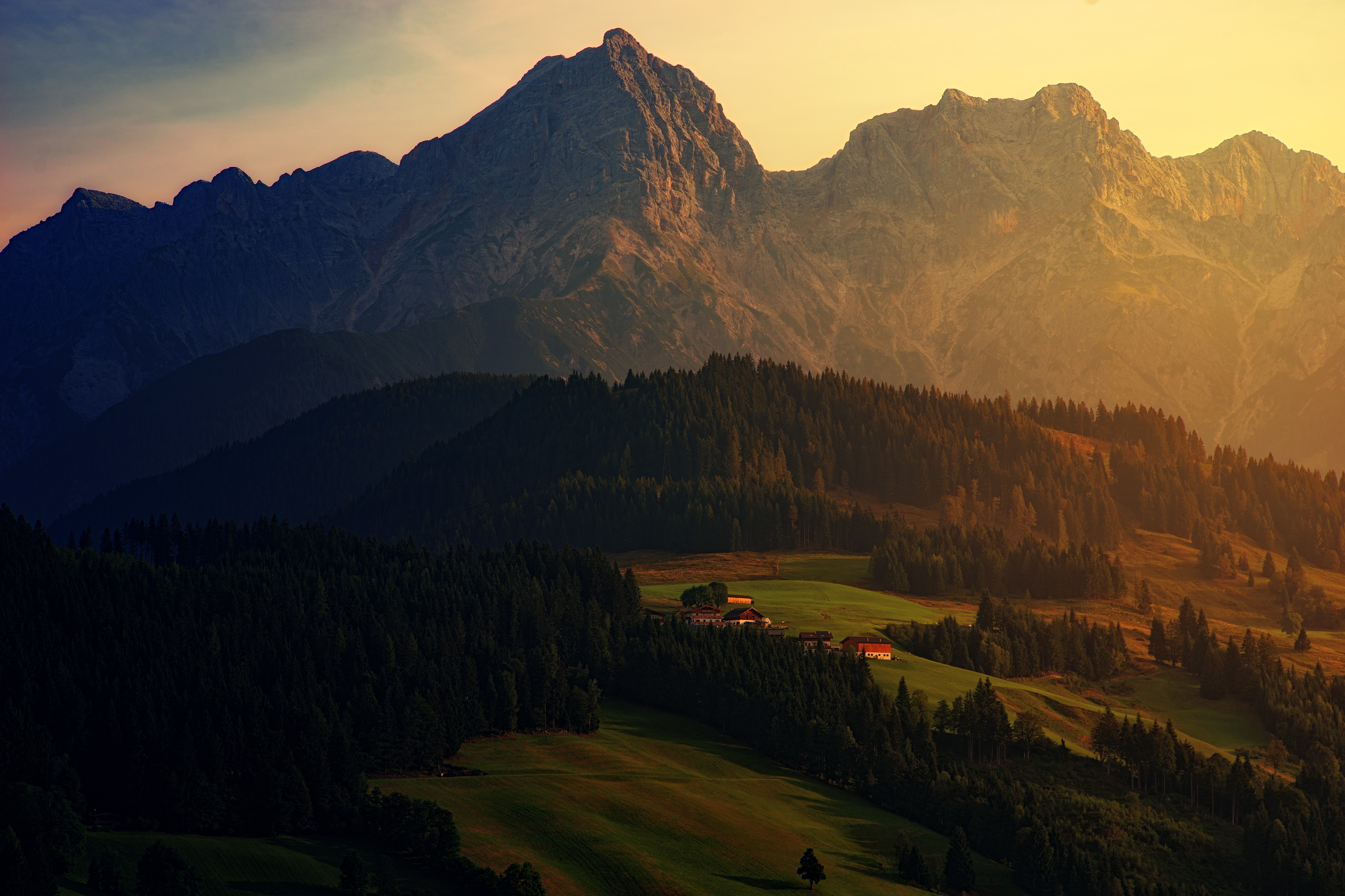 Mountain landscape with a farm at sunrise HD Wallpaper