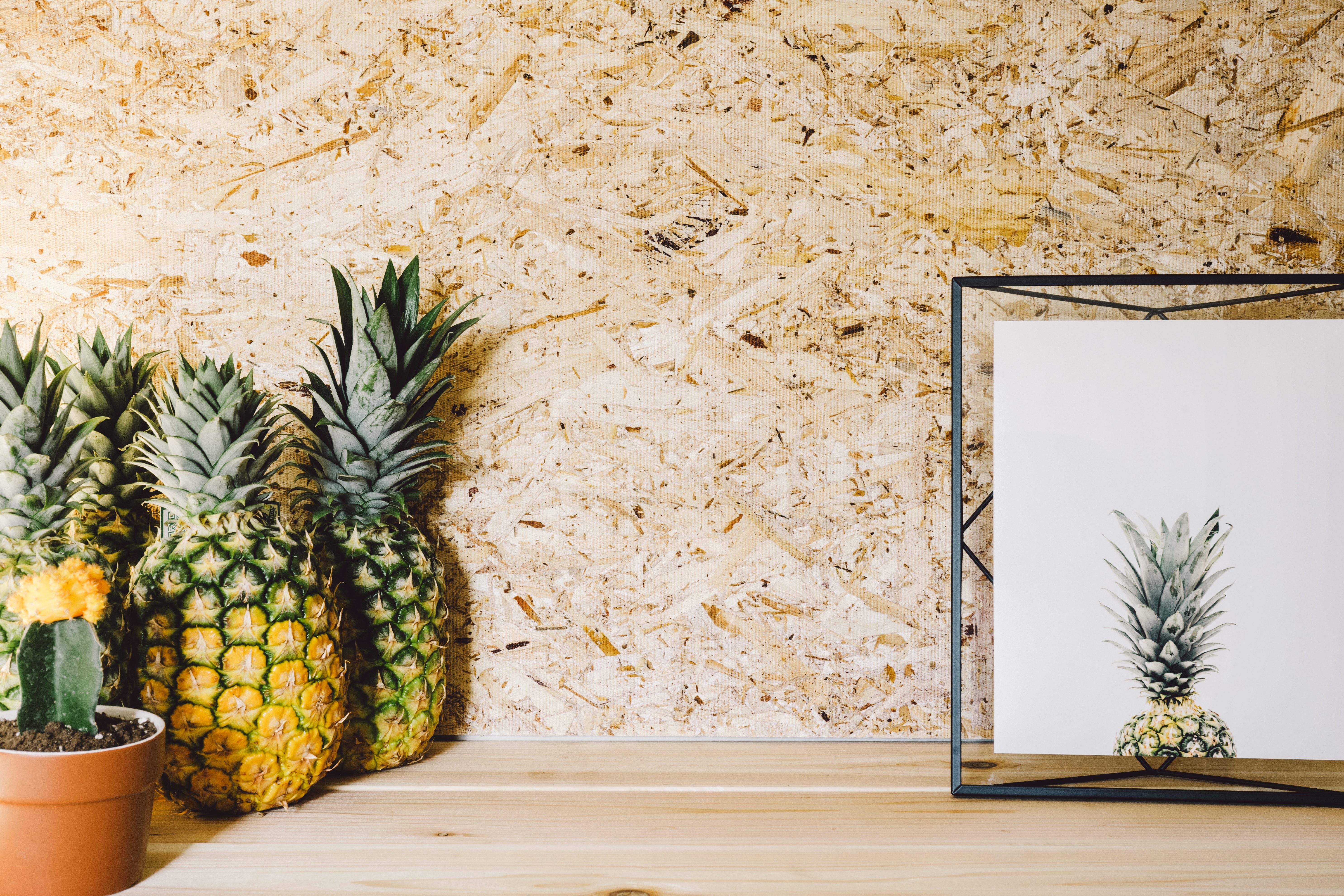 Pineapples and a cactus on a wooden shelf HD Wallpaper