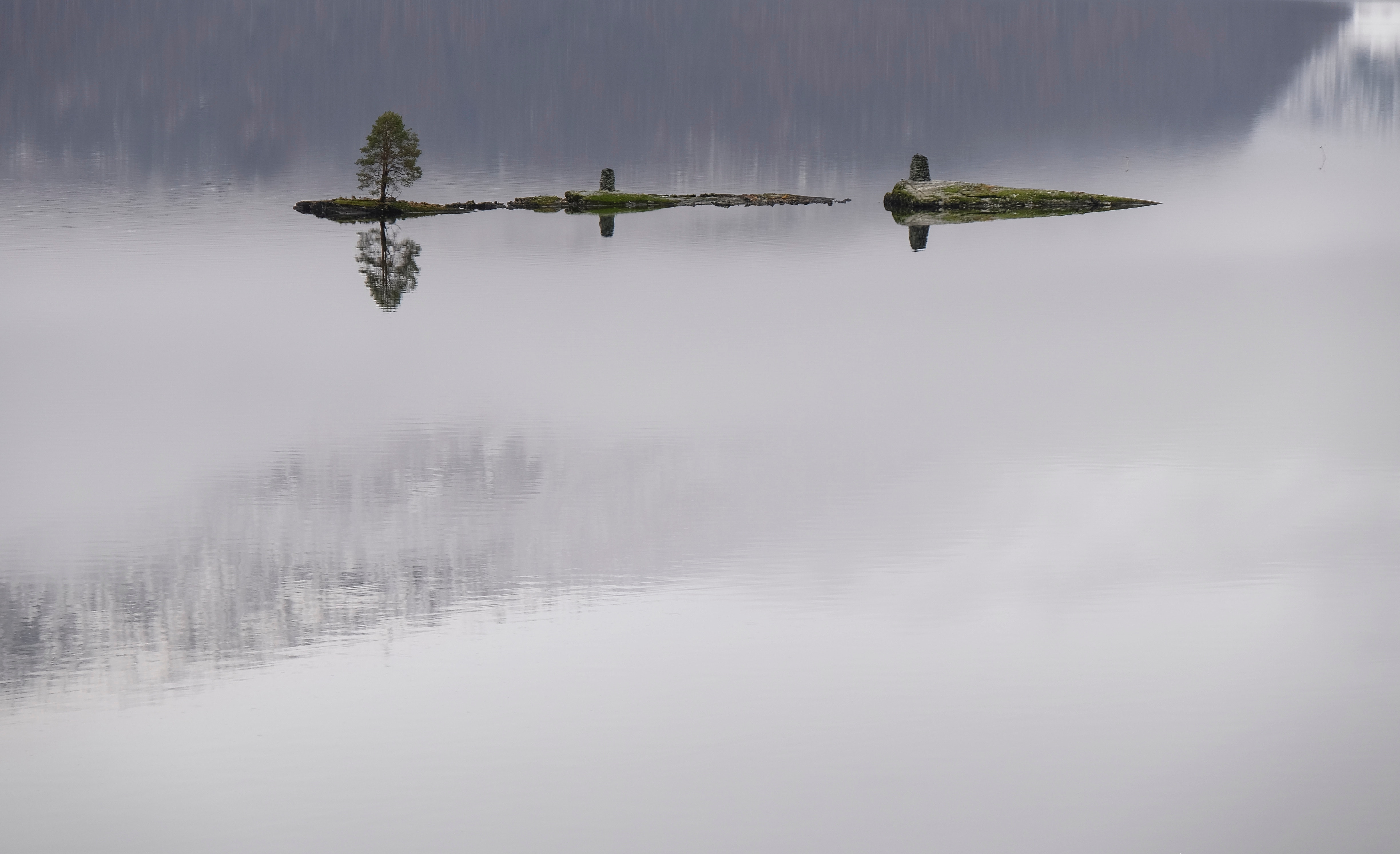 Tree and rocks on islands in a misty lake HD Wallpaper