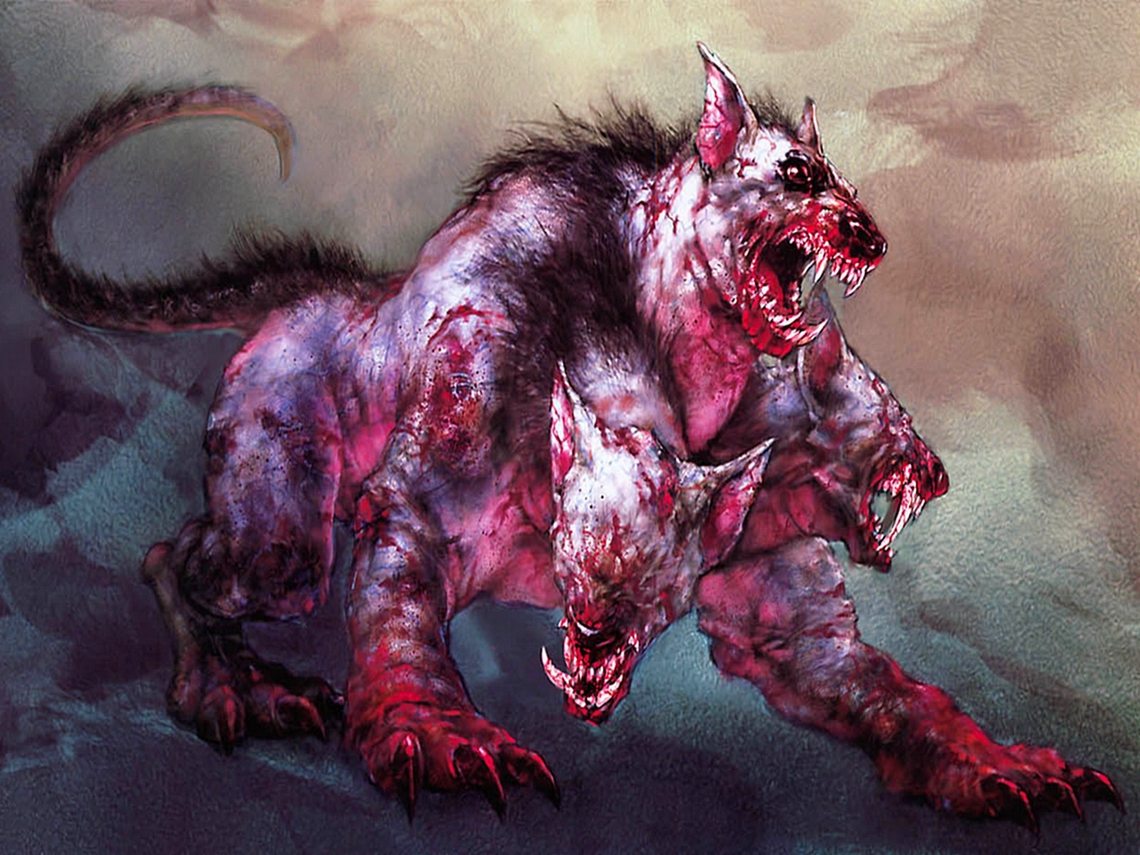 Three-headed bloody dog creature HD Wallpaper