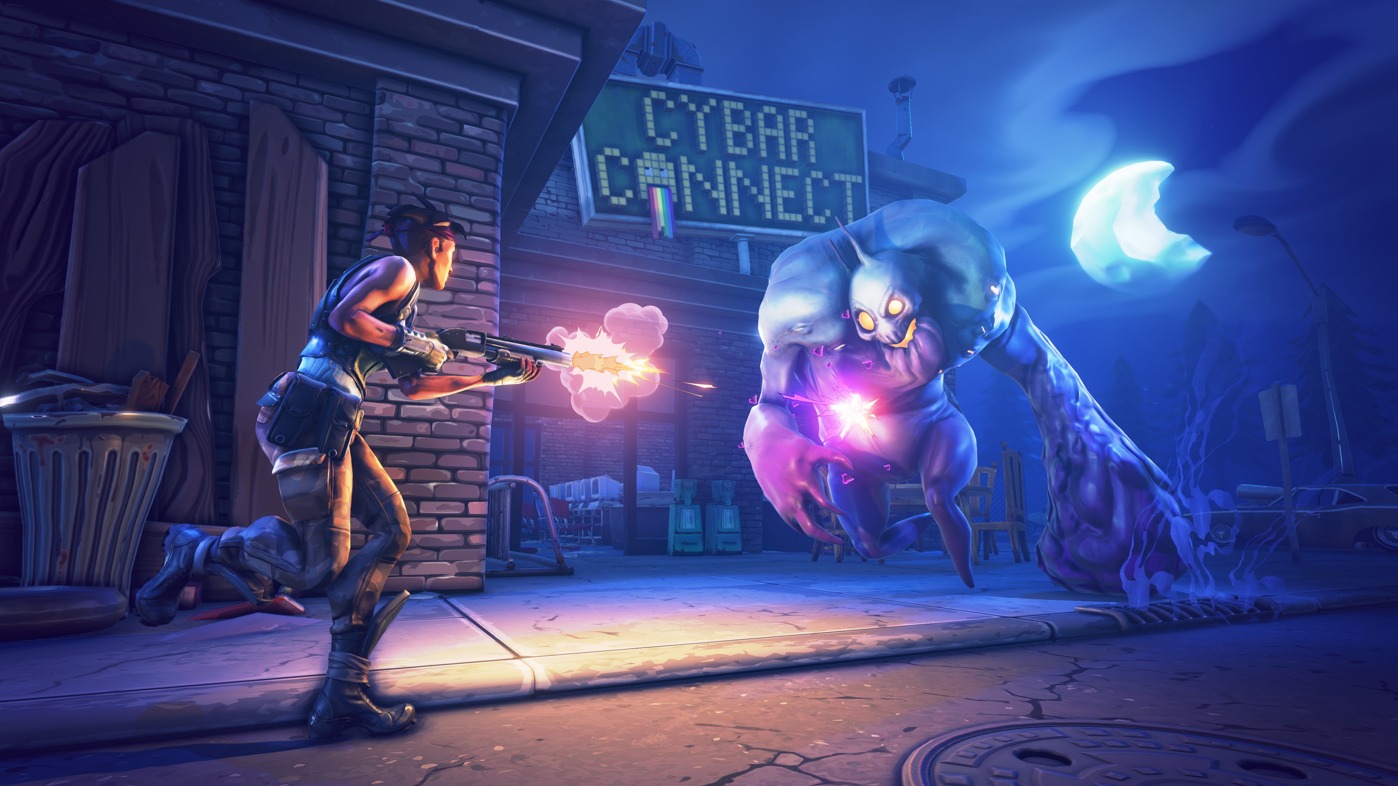 Fortnite character fighting a monster at night HD Wallpaper