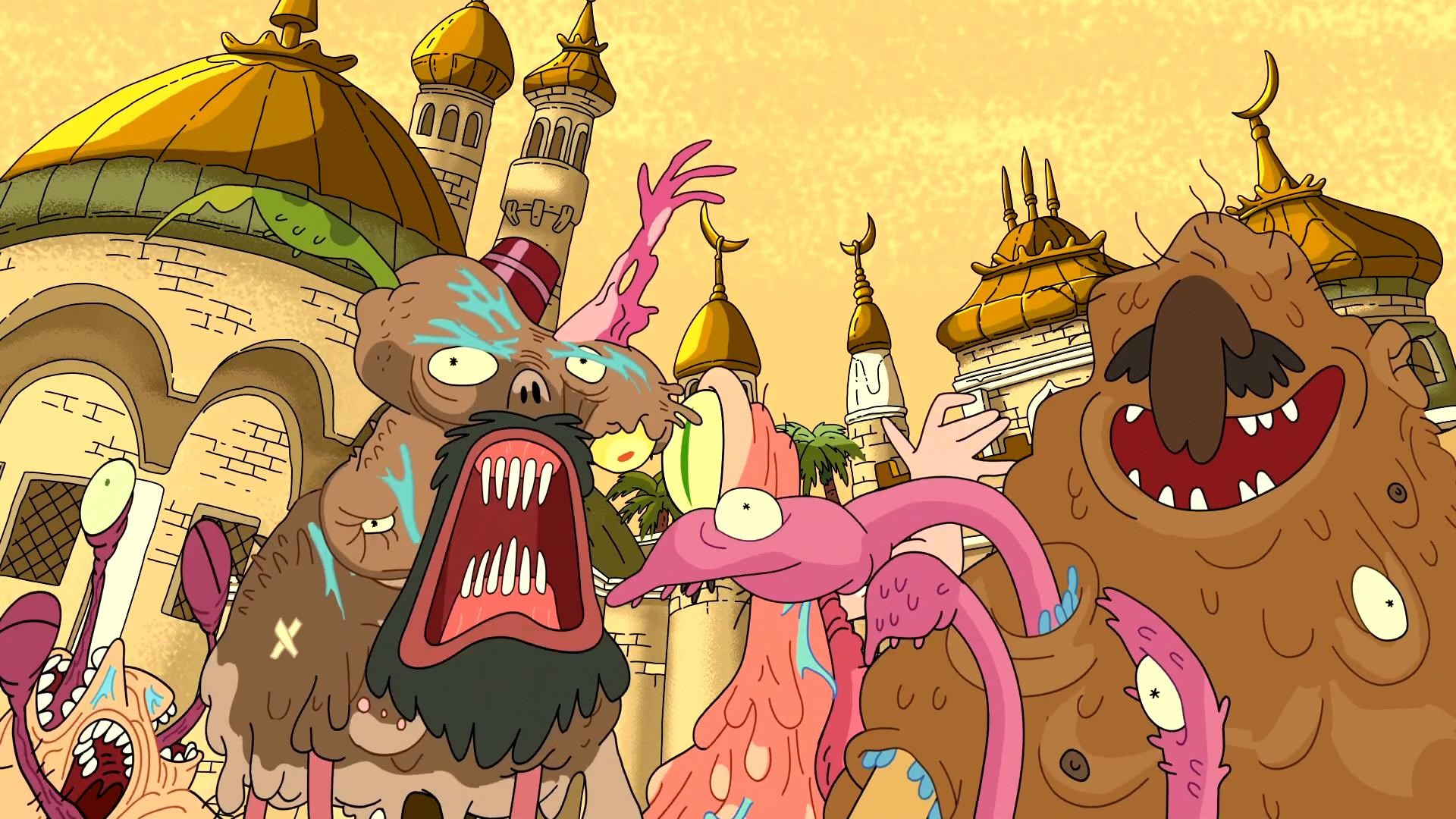 Rick and Morty alien creatures in front of buildings HD Wallpaper