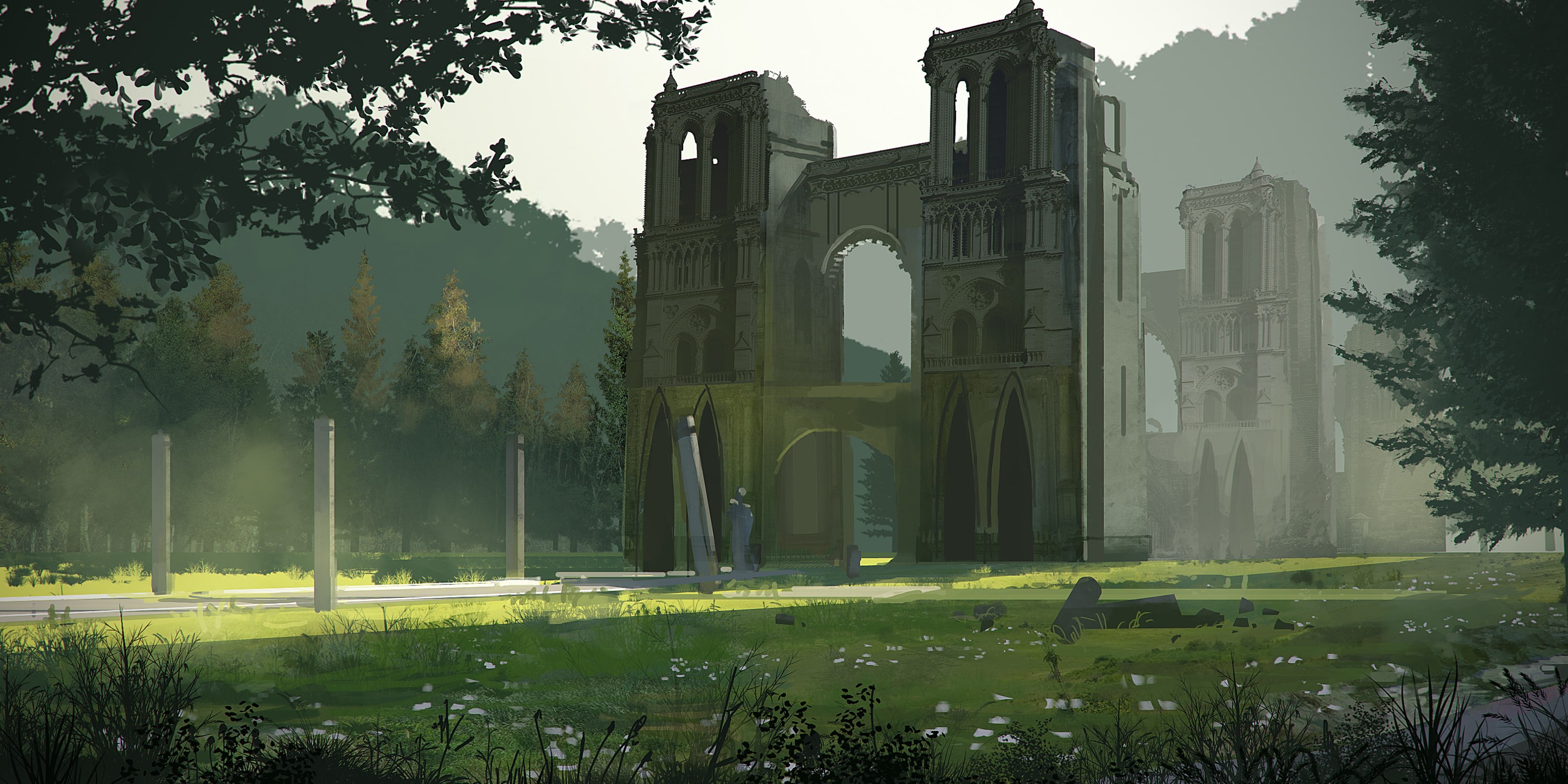 Ruined cathedral in a forest HD Wallpaper