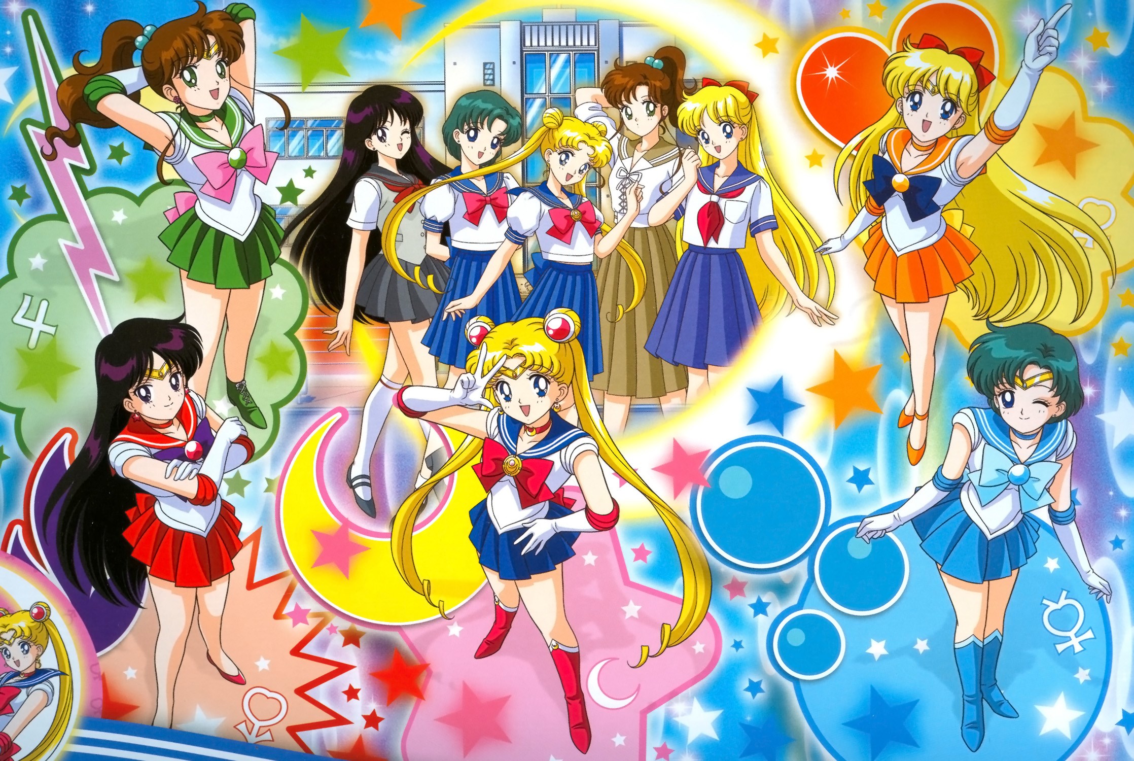 Sailor Moon characters in school uniforms and sailor outfits HD Wallpaper