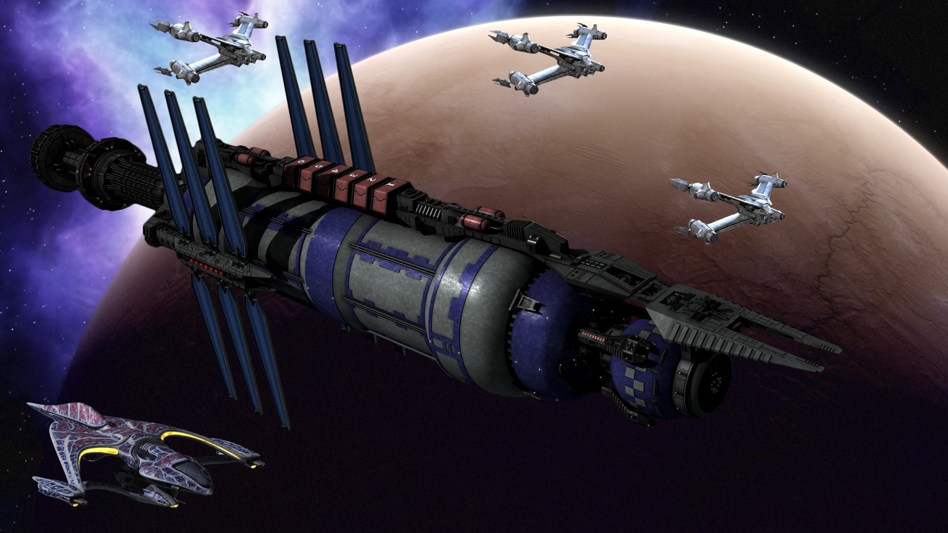 Babylon 5 fleet with planet and nebula HD Wallpaper