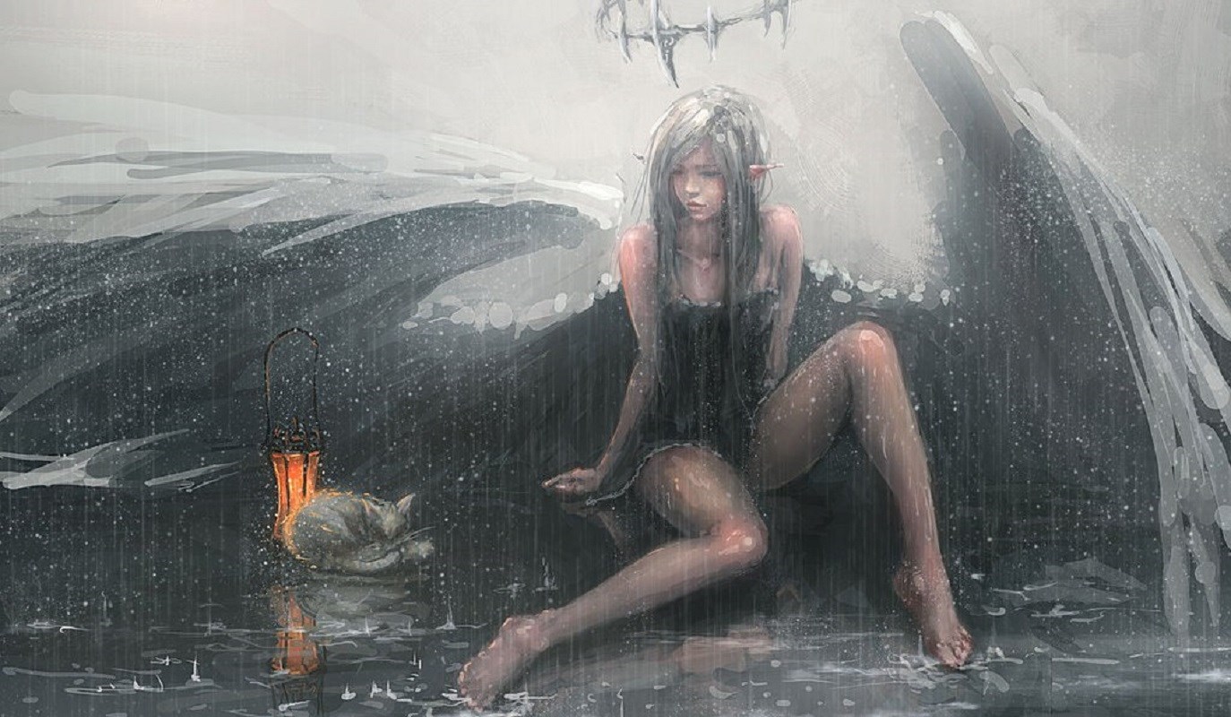 Ghostblade character in the rain with a cat HD Wallpaper