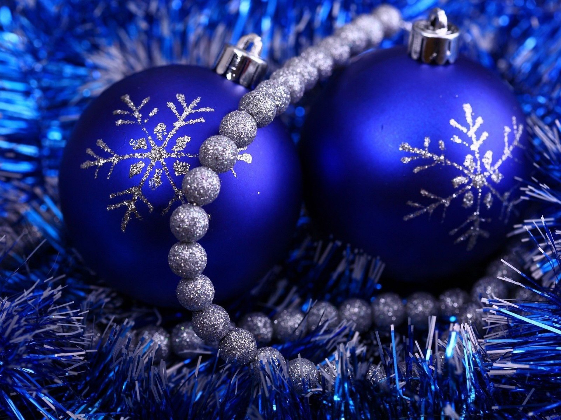 Blue Christmas Ornaments with Snowflakes and Tinsel HD Wallpaper