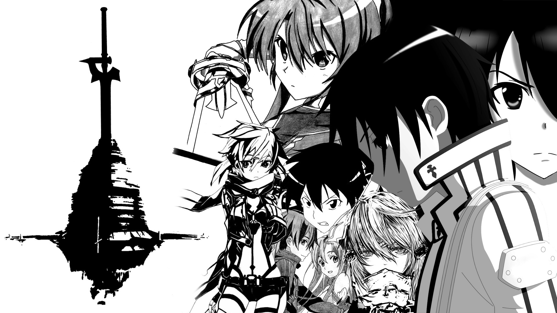 Sword Art Online characters and a large sword structure HD Wallpaper