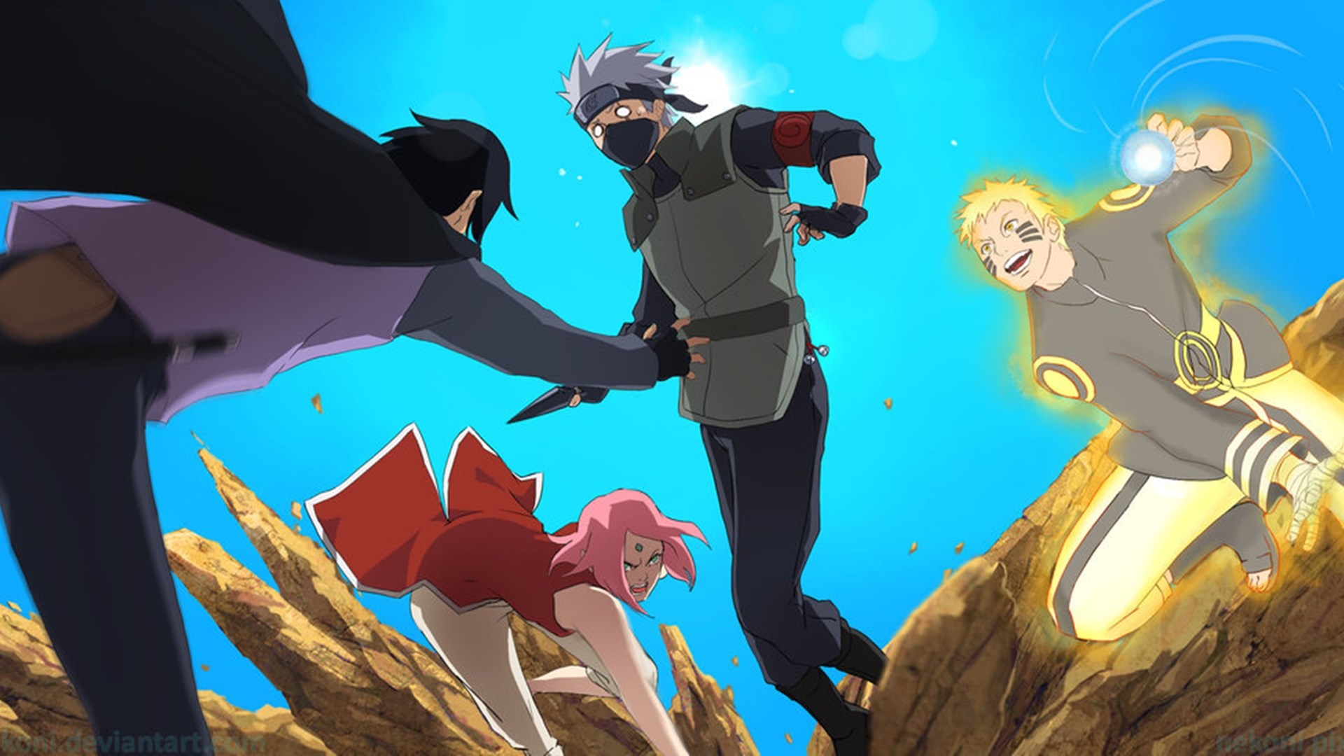 Naruto, Sasuke, Sakura, and Kakashi in action HD Wallpaper