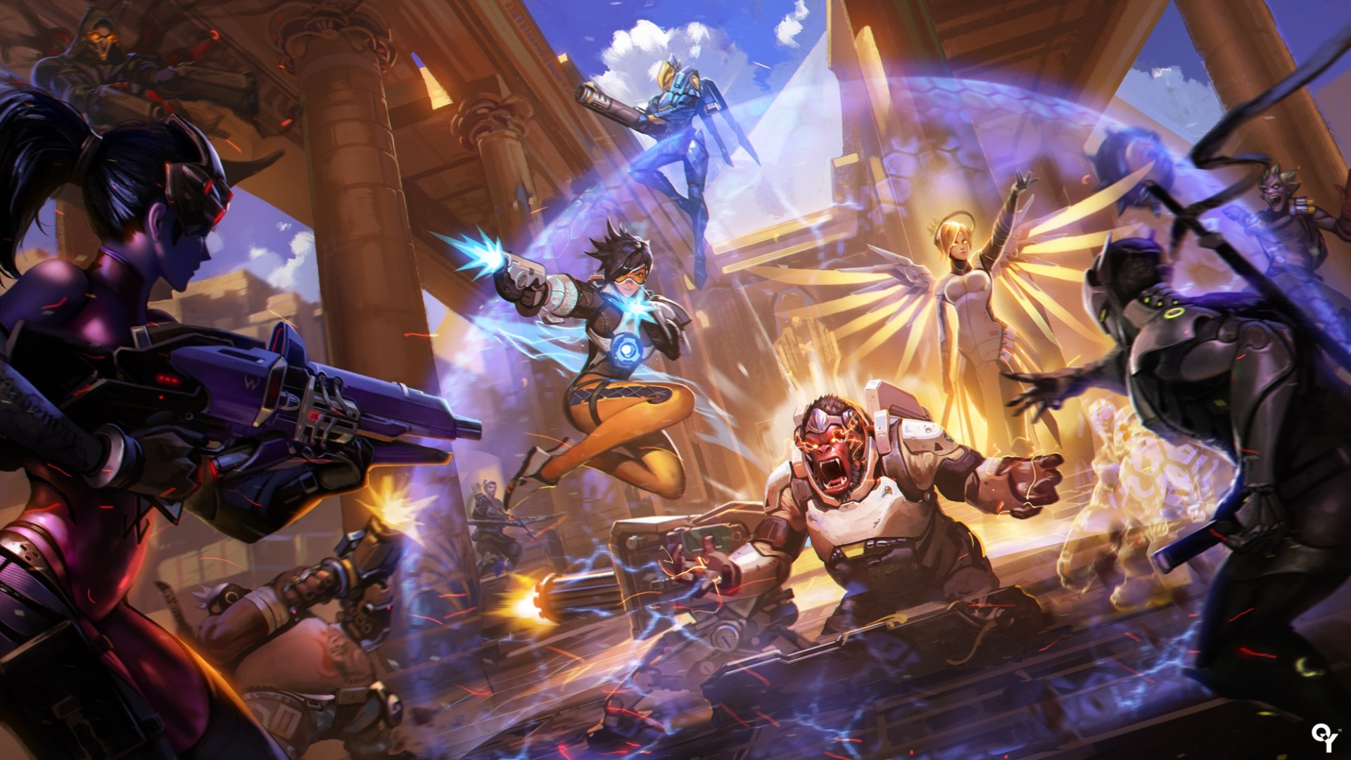 Overwatch characters in battle HD Wallpaper