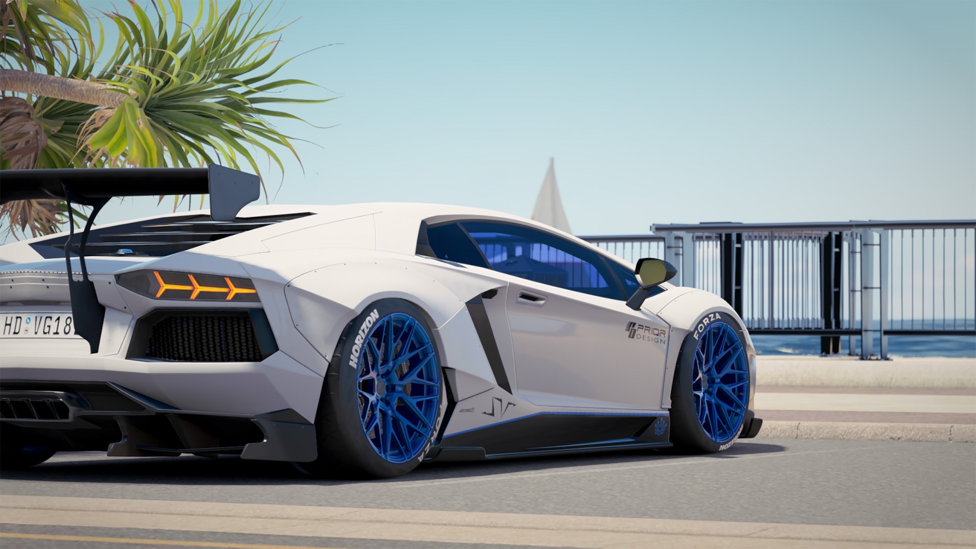 White Lamborghini Aventador with blue wheels HD Wallpaper