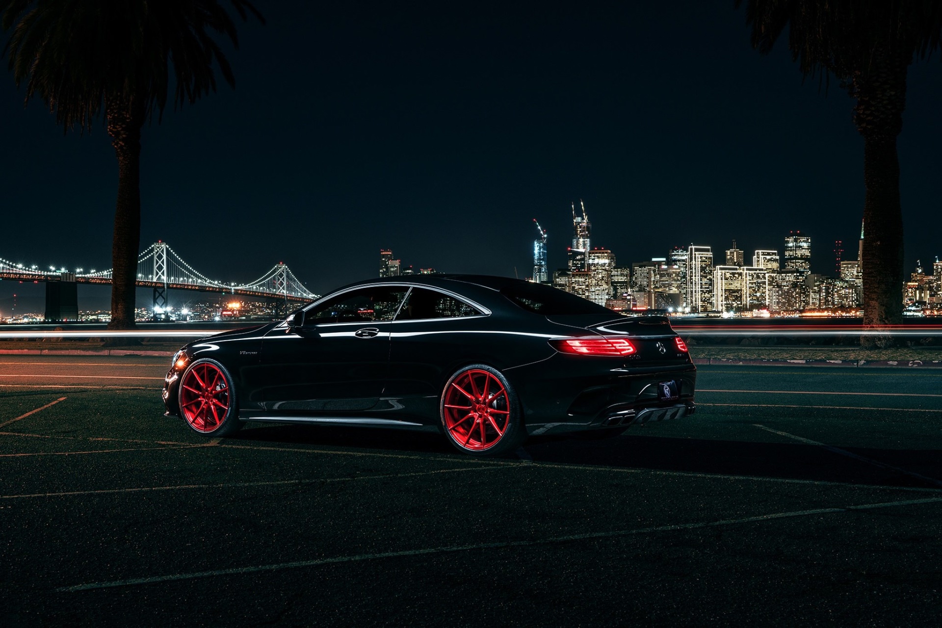 Black Mercedes S-Class Coupe with red wheels at night HD Wallpaper