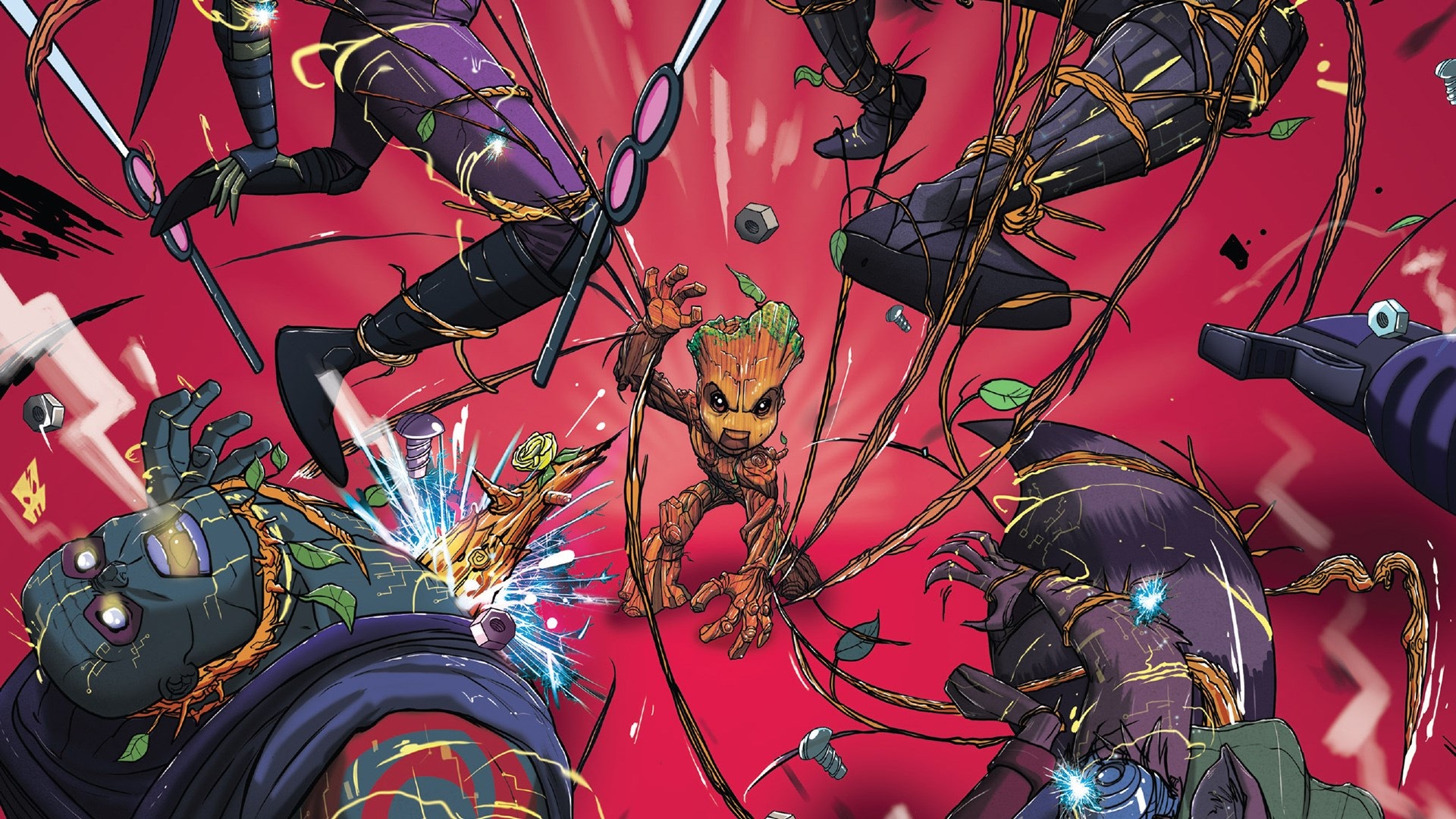 Baby Groot and enemies from Fortnite HD Wallpaper