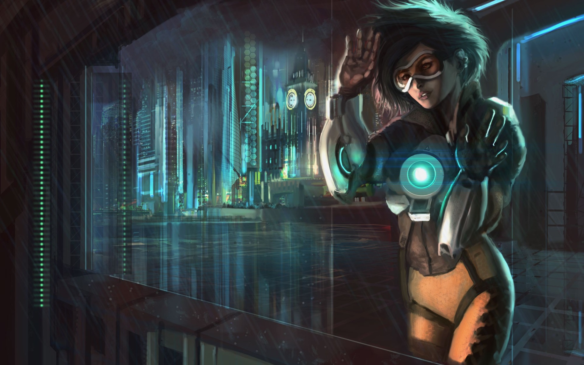 Tracer from Overwatch in a futuristic city HD Wallpaper