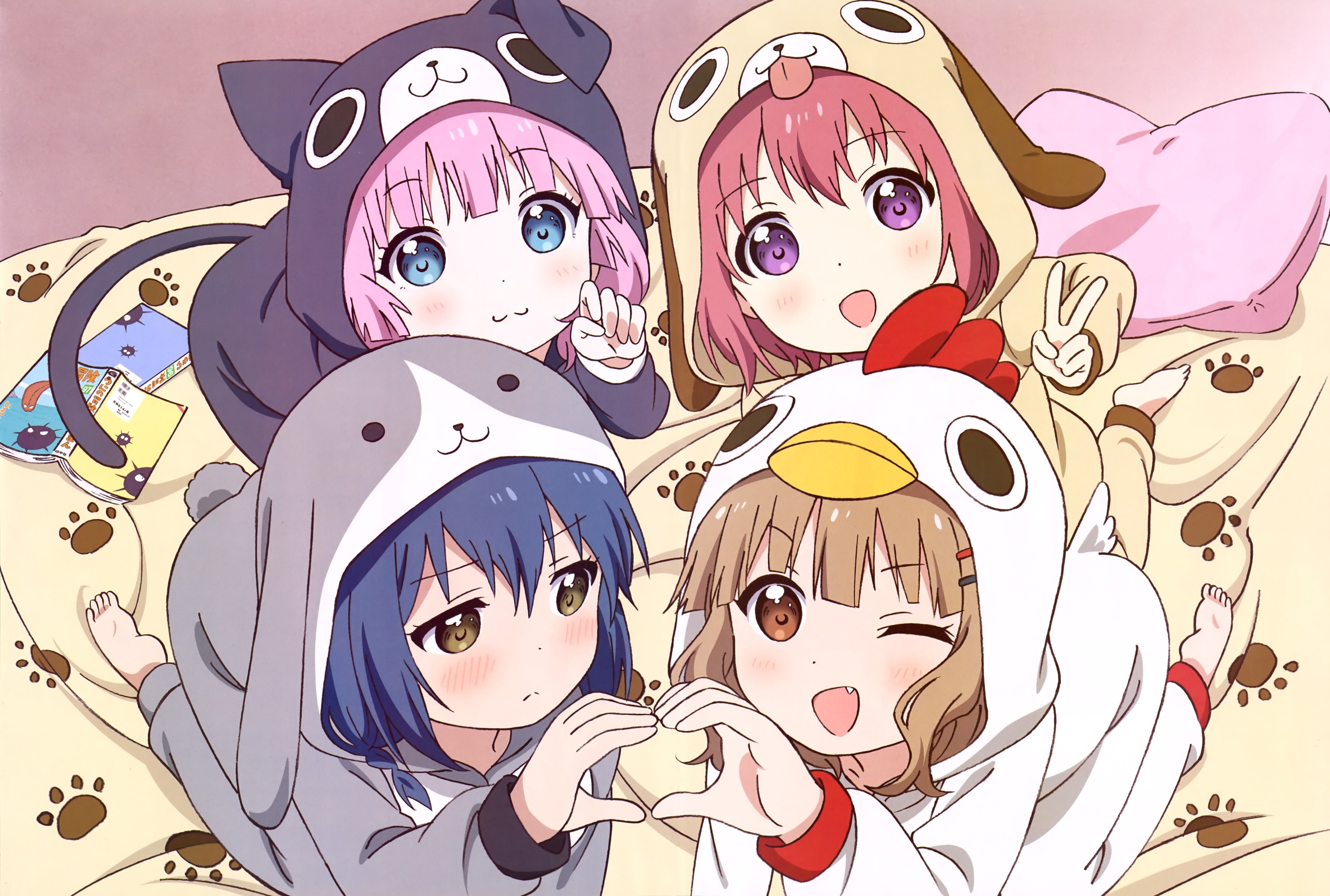 Four anime girls in animal onesies HD Wallpaper