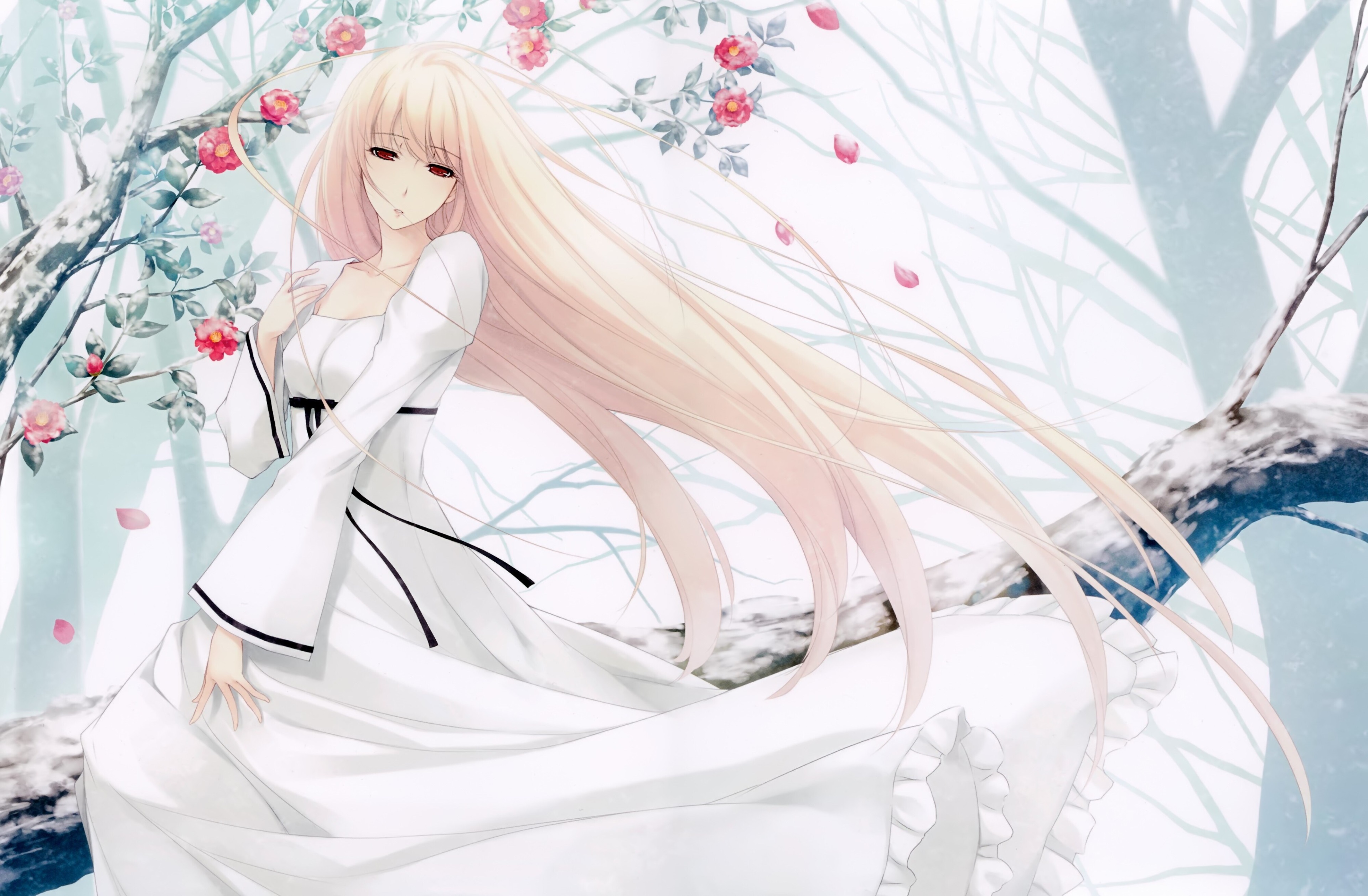 Anime girl in white dress with long blonde hair HD Wallpaper