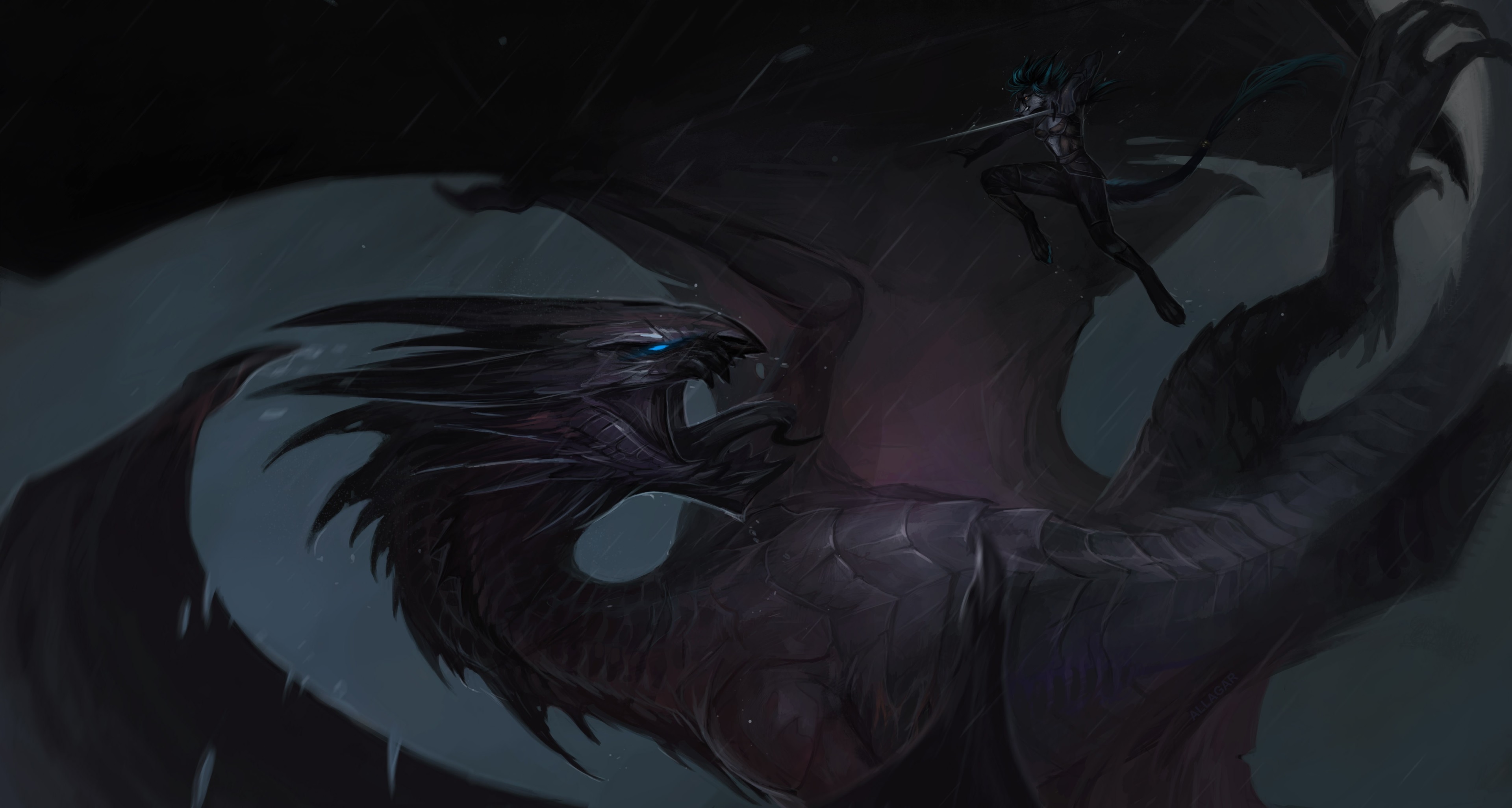 Dragon and warrior in rain HD Wallpaper