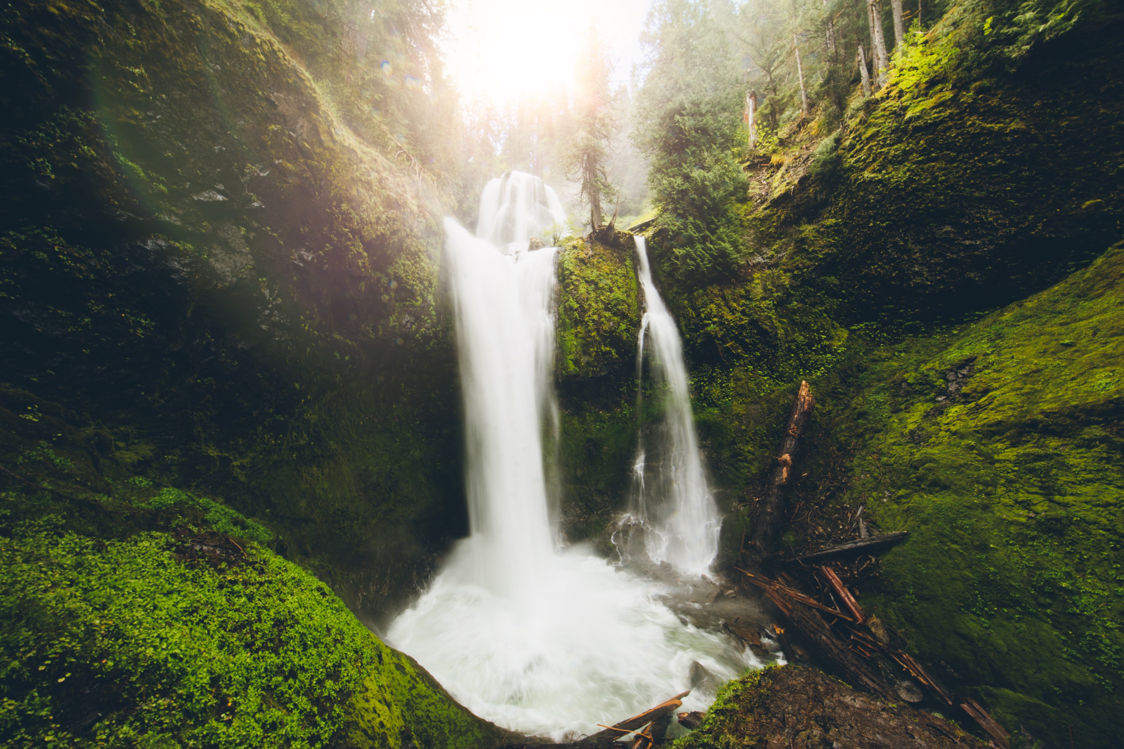 Waterfall in a mossy forest with sun rays HD Wallpaper