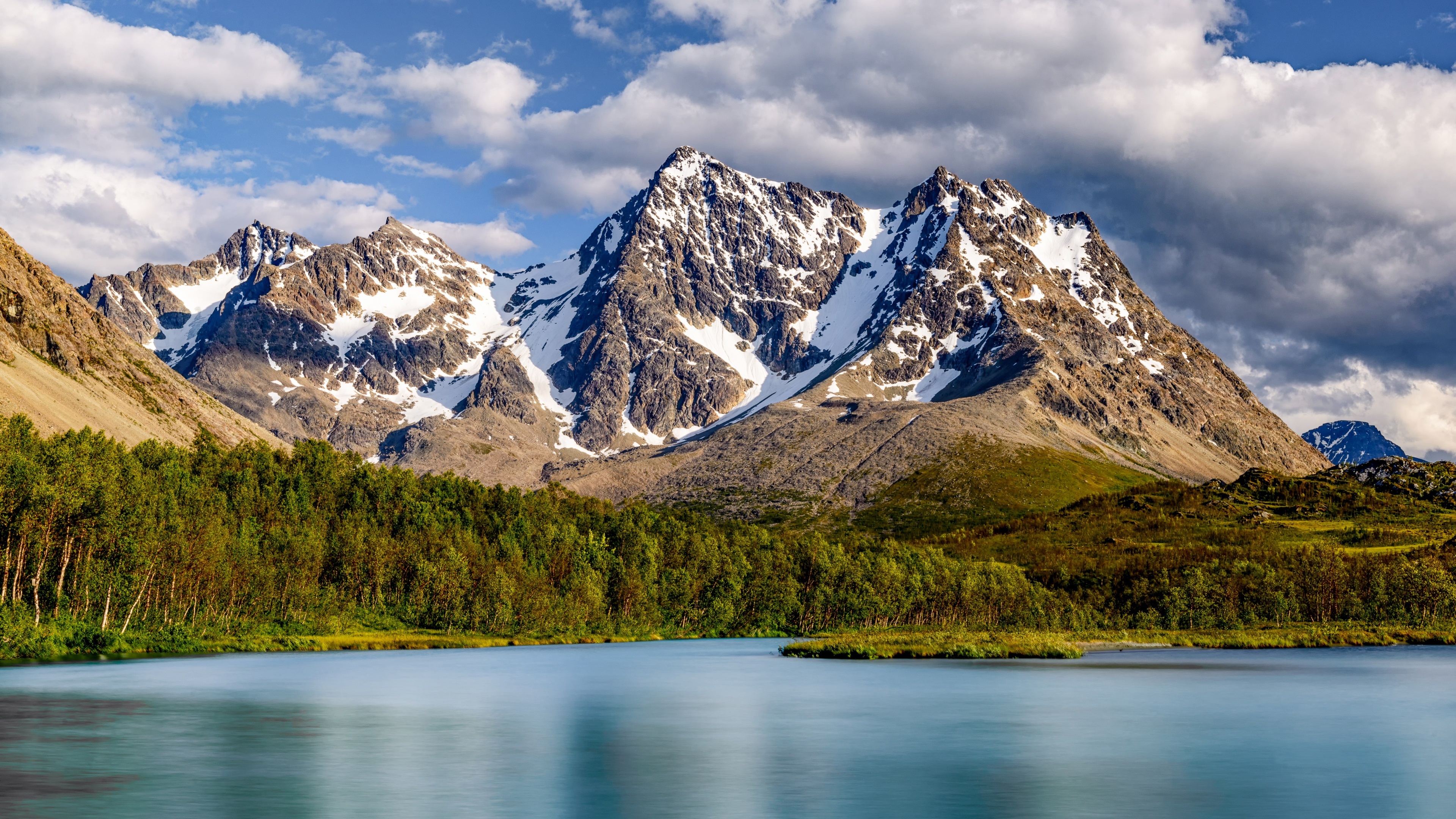 Snow-capped mountains over a lake and forest 4K HD Wallpaper