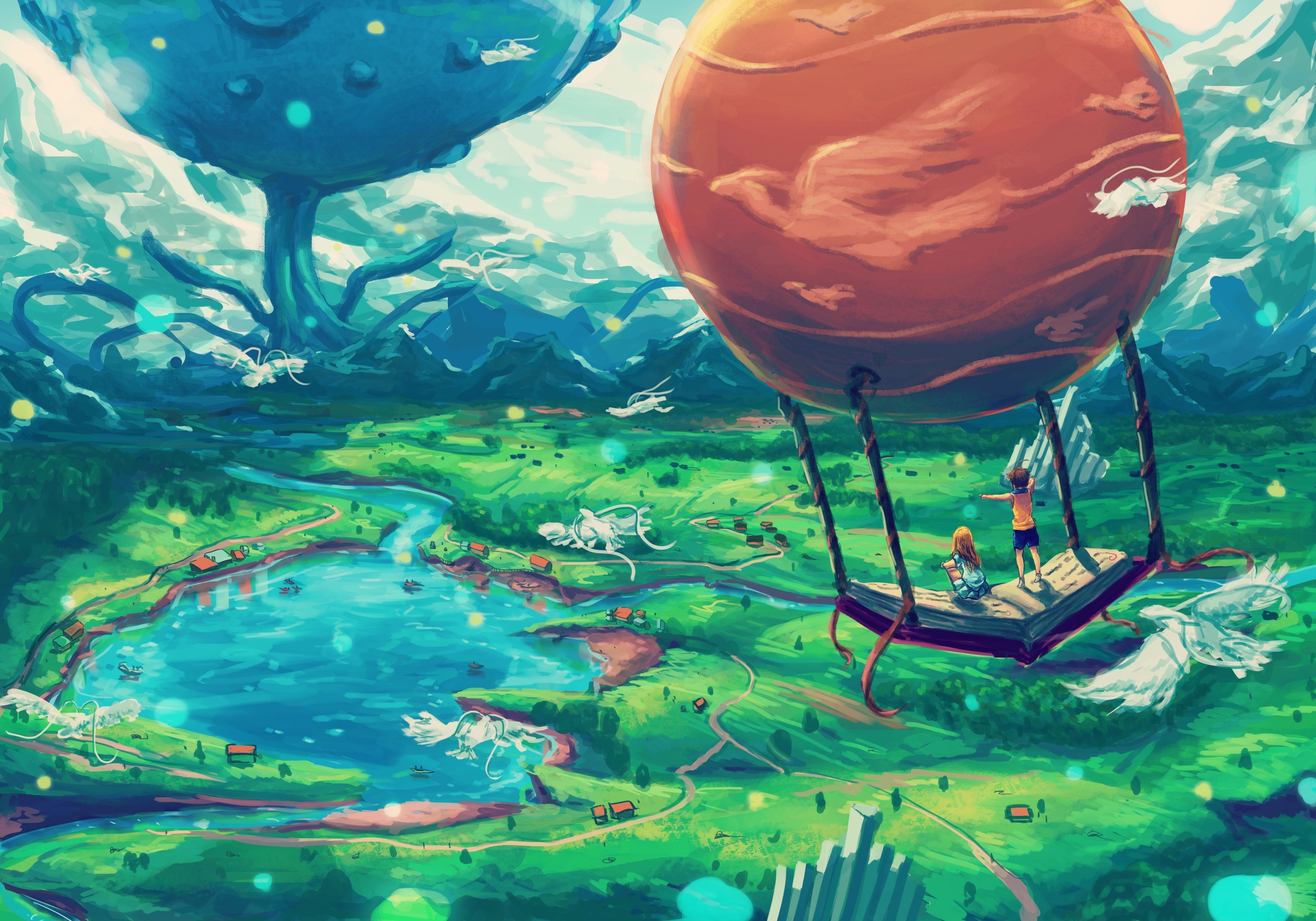 Children in a hot air balloon over a fantasy landscape 4K HD Wallpaper