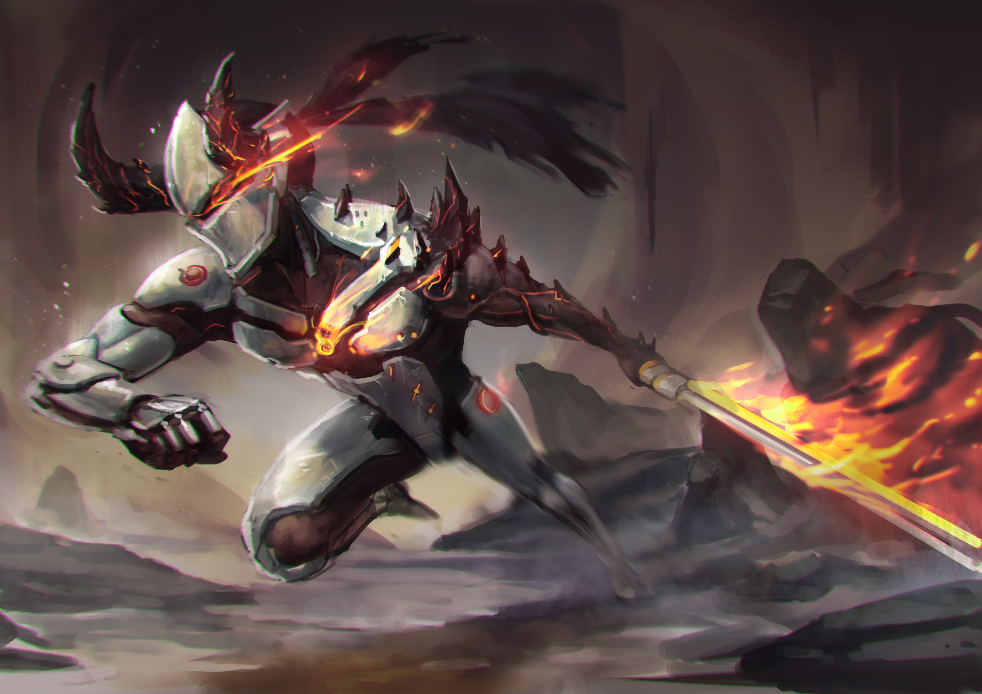 Genji from Overwatch with fiery sword HD Wallpaper