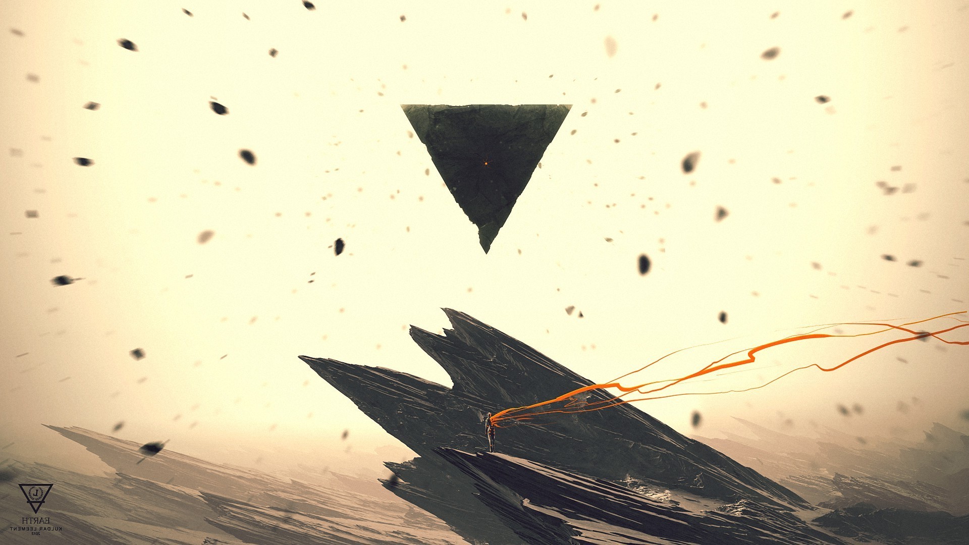 Abstract triangle and rock formations with orange energy HD Wallpaper