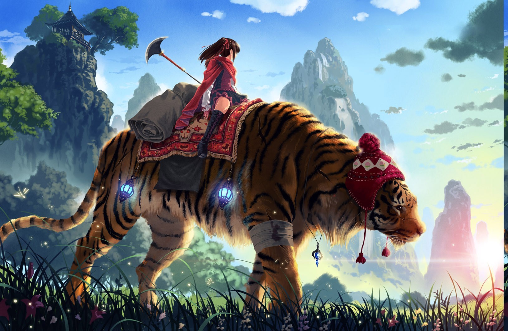 Anime girl riding a tiger in a mountainous landscape HD Wallpaper