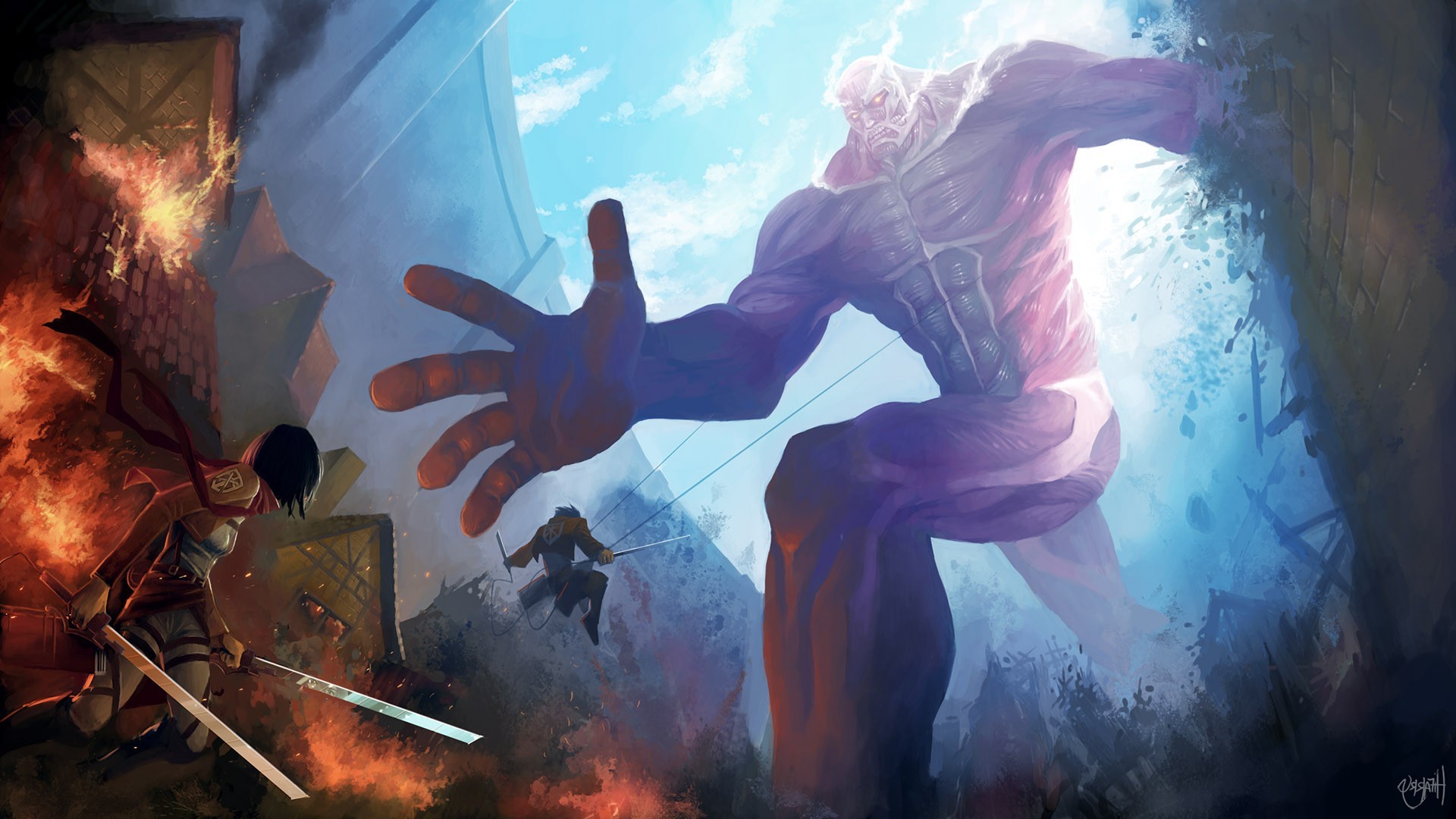 Colossal Titan attacks Mikasa and Eren from Attack on Titan HD Wallpaper