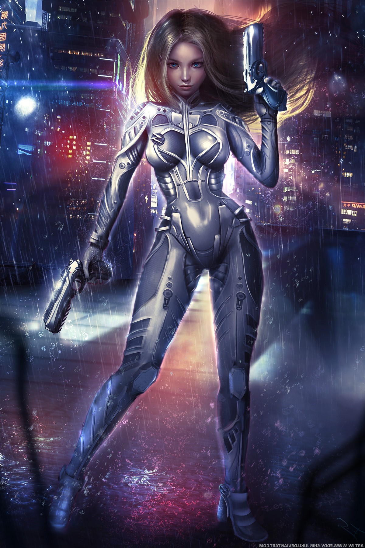 Anime girl in futuristic suit with guns in city HD Wallpaper