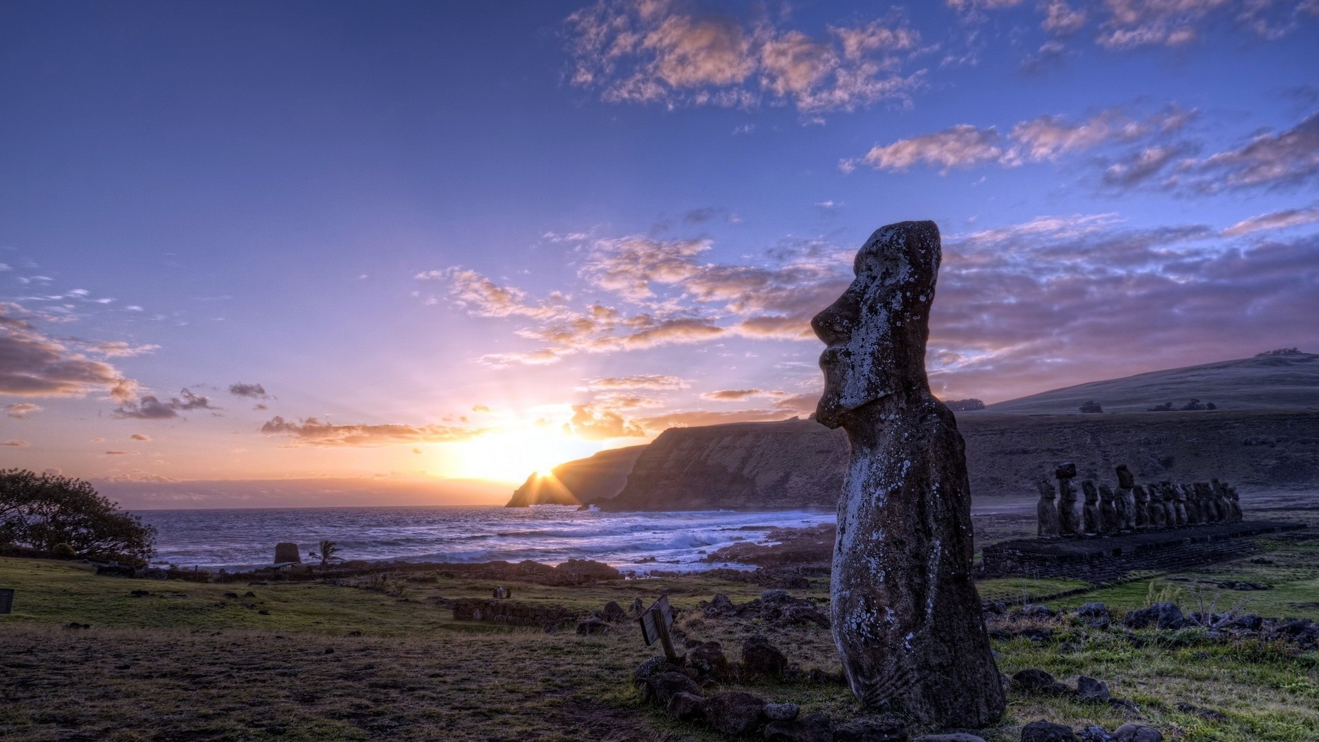 Moai statues on Easter Island at sunset HD Wallpaper