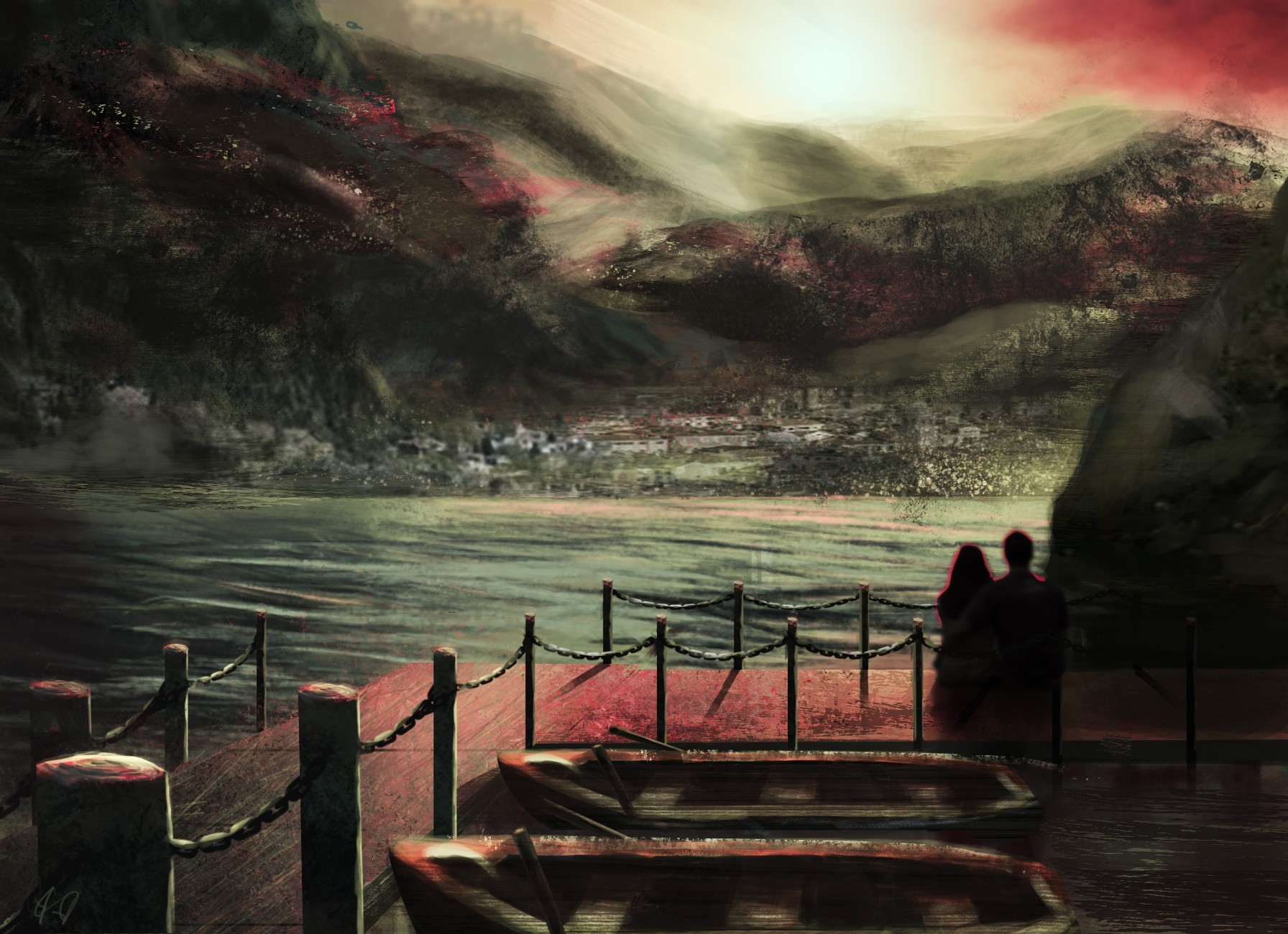 Couple on a dock overlooking a surreal landscape HD Wallpaper