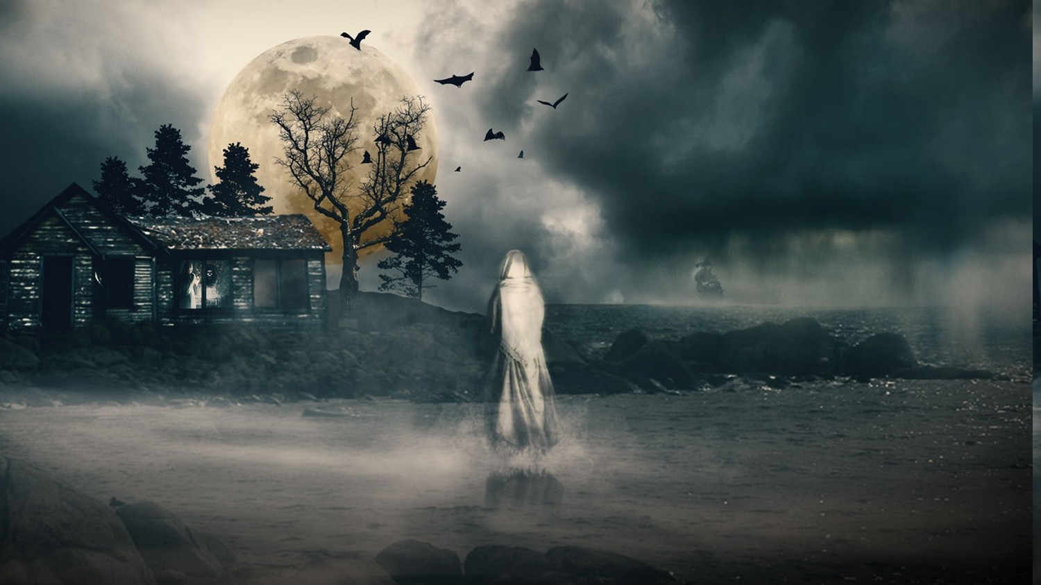 Ghostly figure by abandoned house under a full moon HD Wallpaper