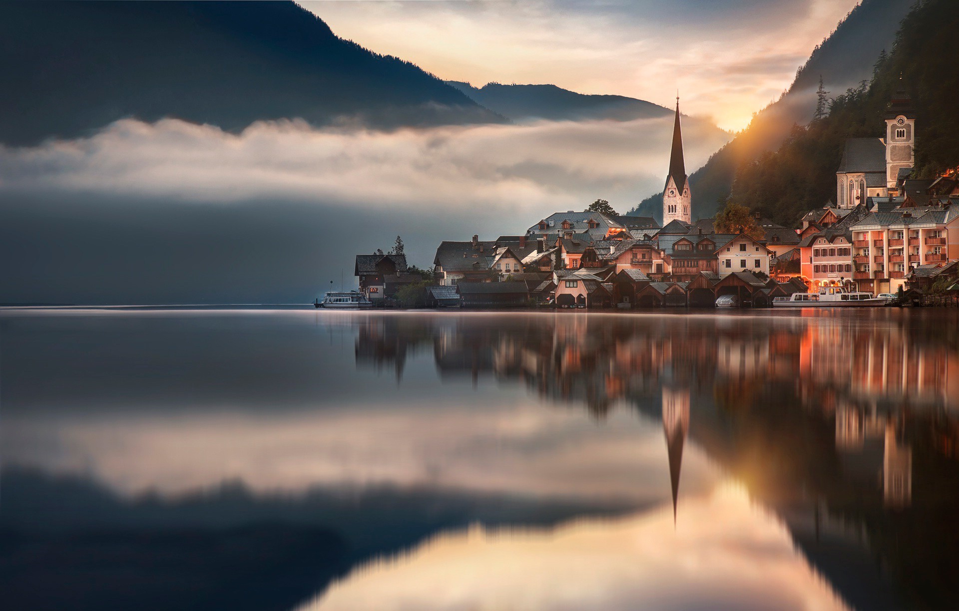 Hallstatt Austria village on lake at sunrise with mountains HD Wallpaper