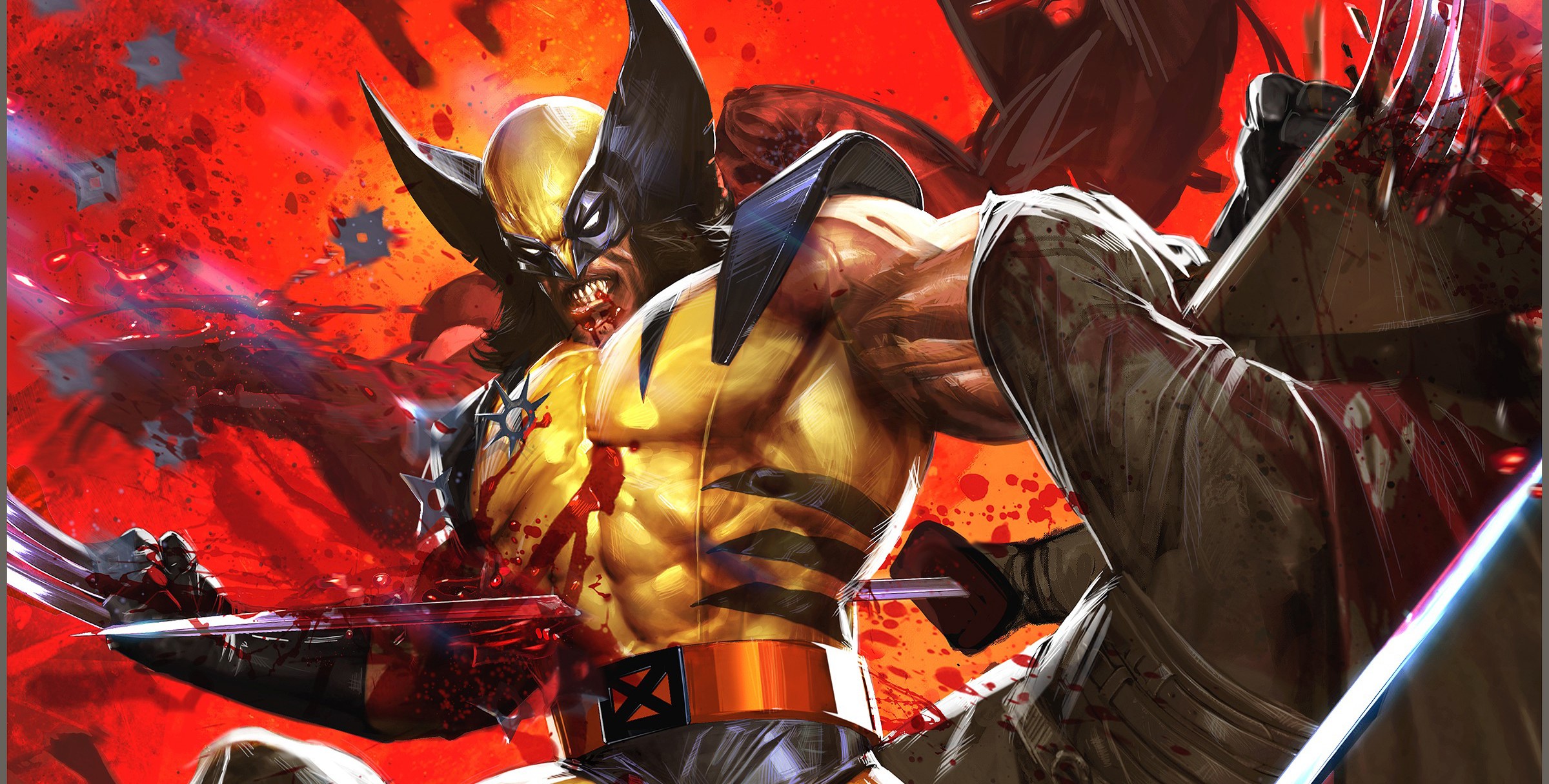 Wolverine fighting ninjas in bloody artwork HD Wallpaper