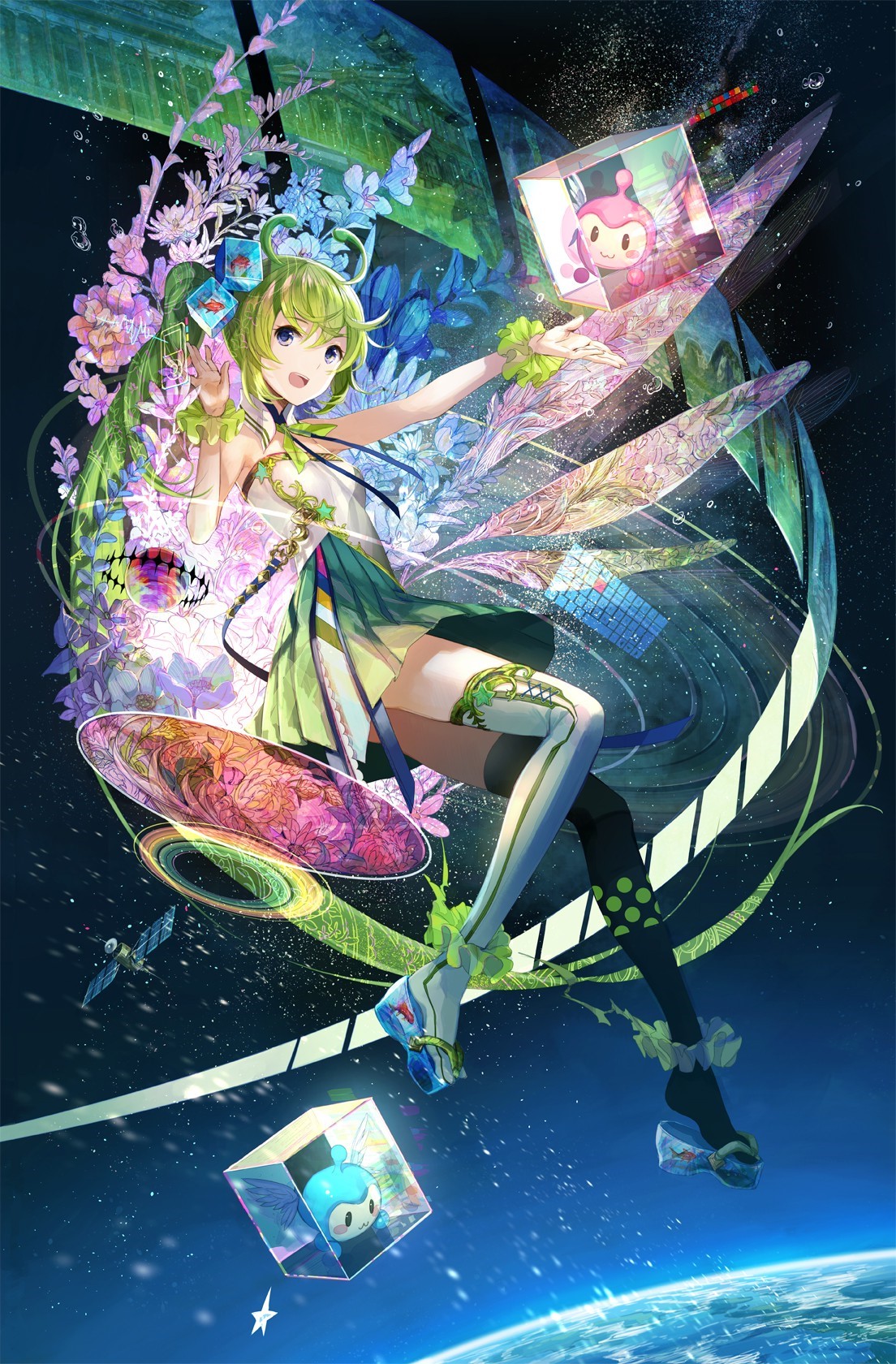 Anime girl with green hair and flowers in space HD Wallpaper