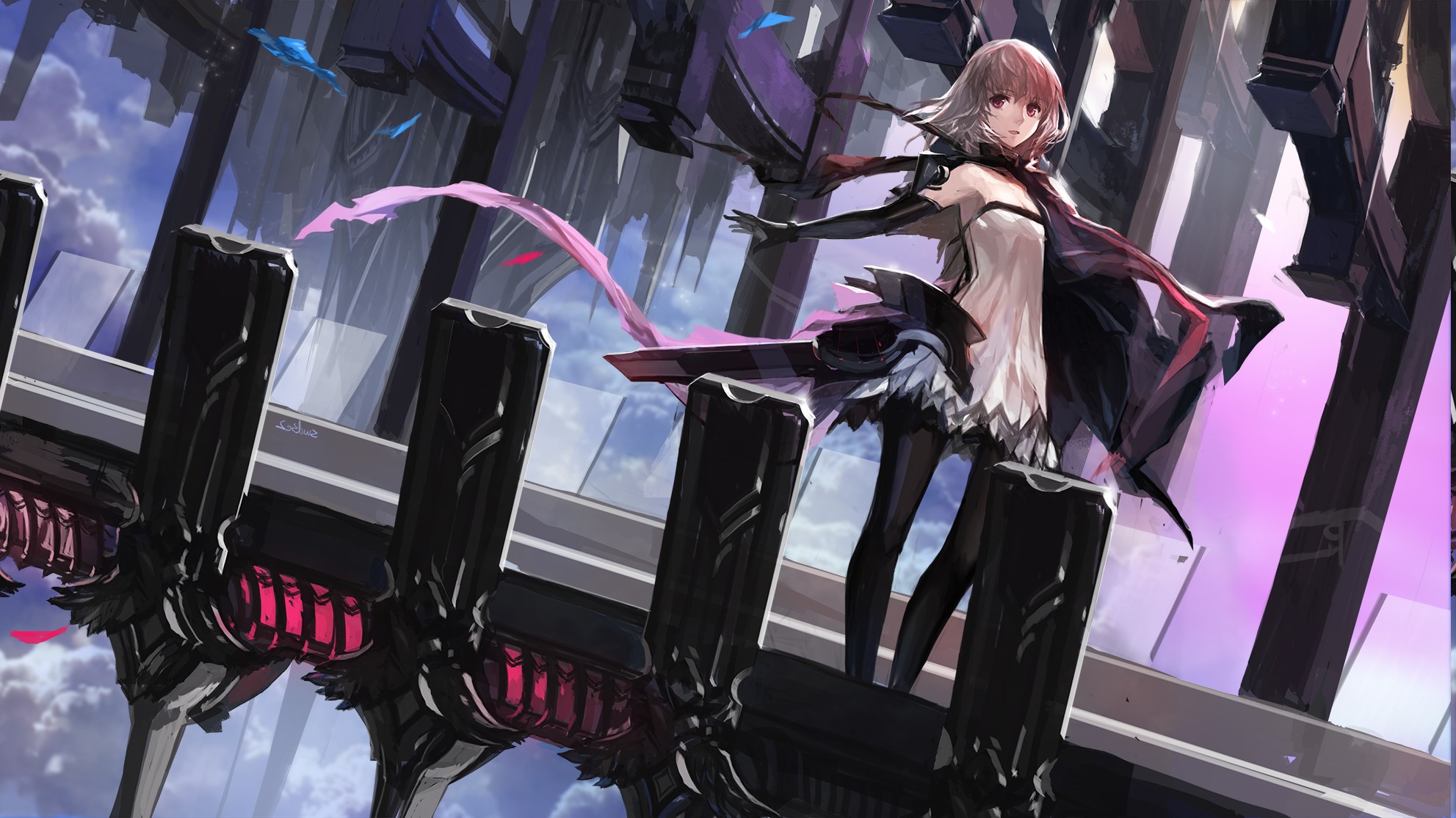 Anime girl with pink scarf on futuristic platform HD Wallpaper