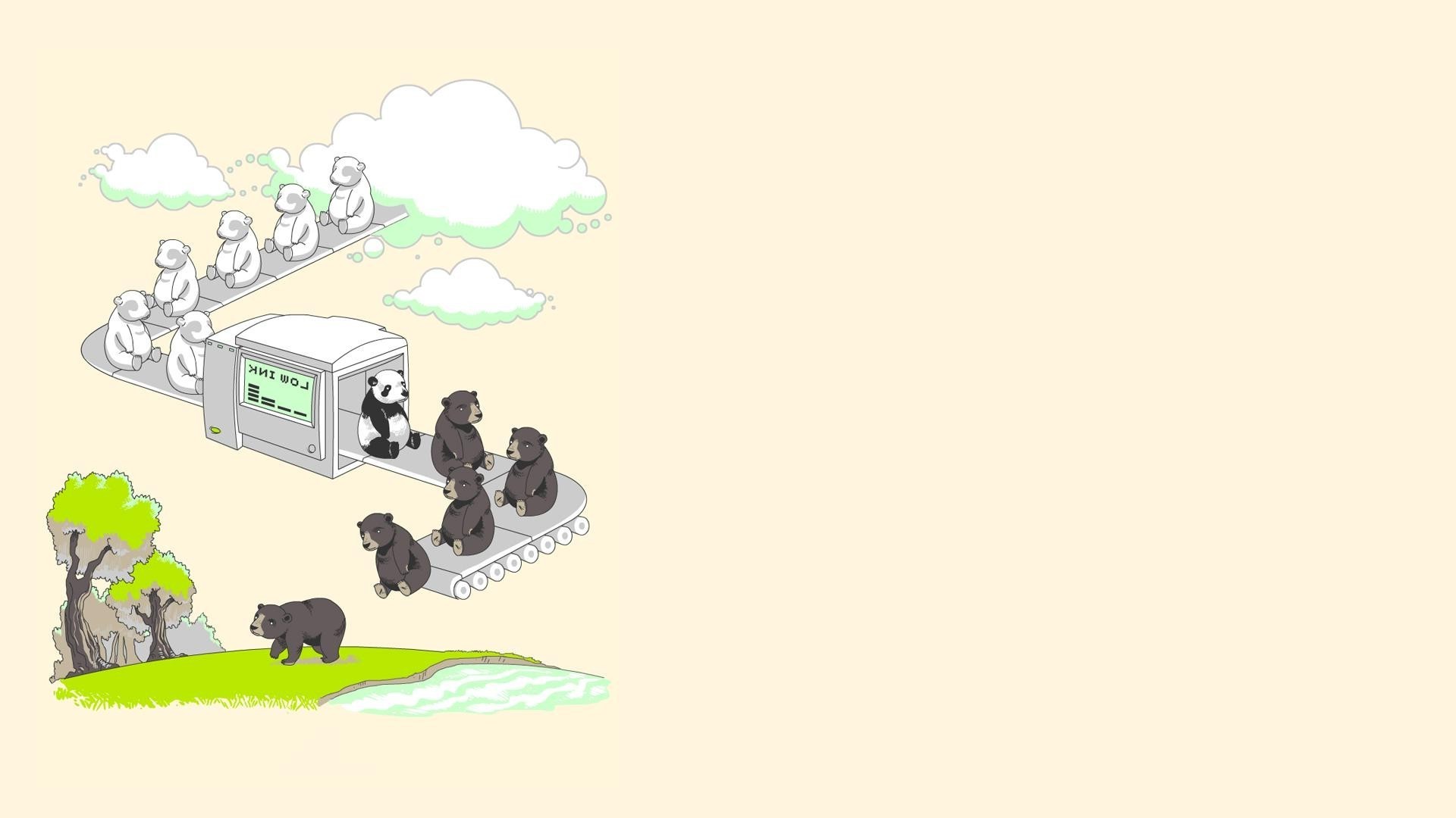 Bears on a conveyor belt producing pandas HD Wallpaper