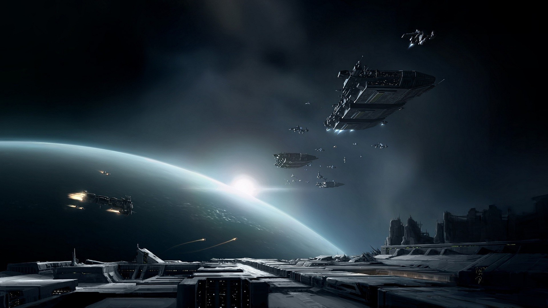 Spaceships near a planet in Eve Online HD Wallpaper