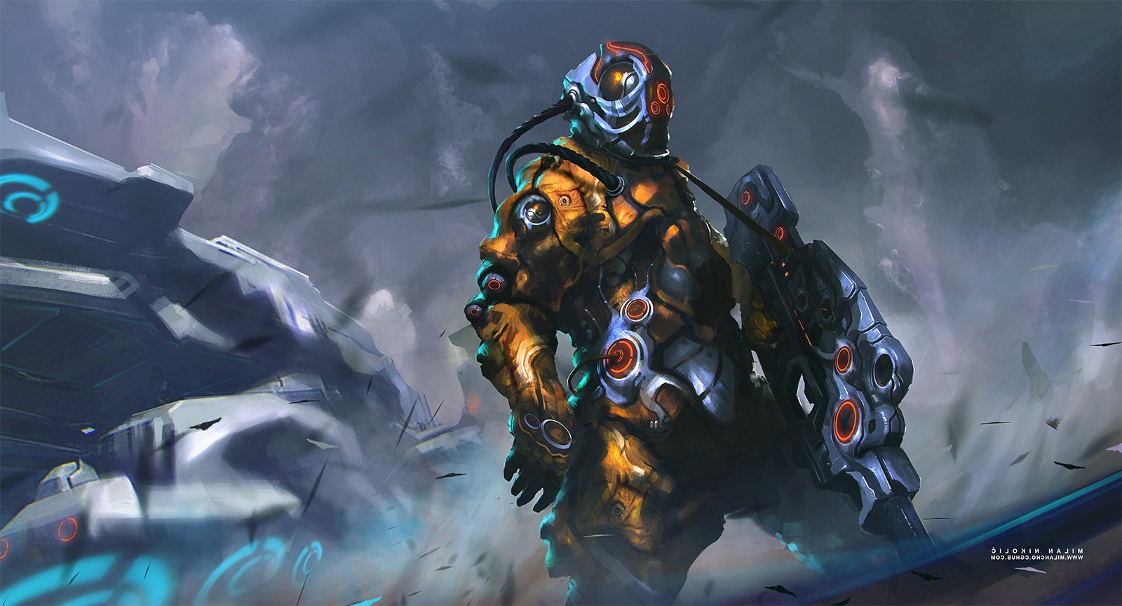 Cyborg soldier with spaceship wreckage HD Wallpaper
