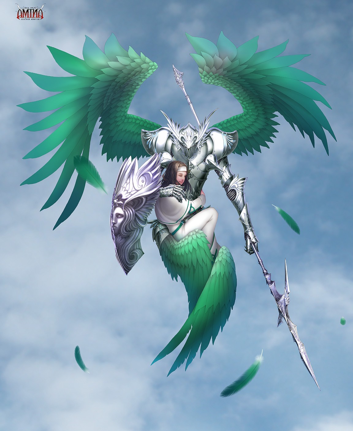 Angel with a girl and a spear in the sky HD Wallpaper