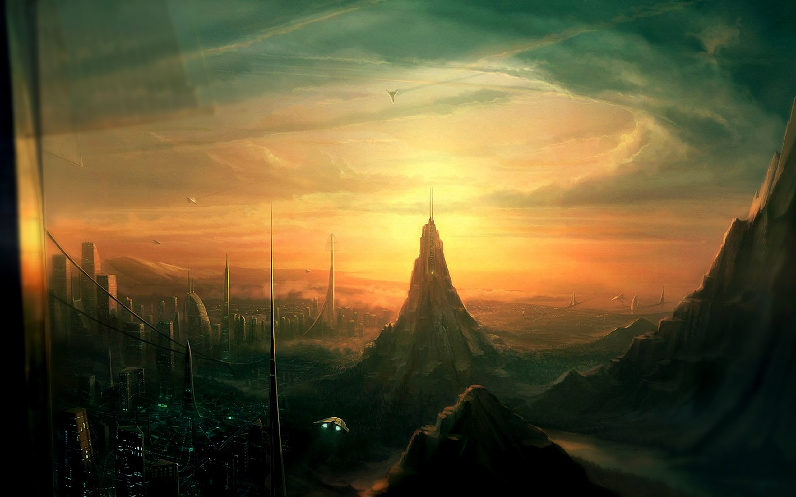 Futuristic city with towering spires at sunset HD Wallpaper