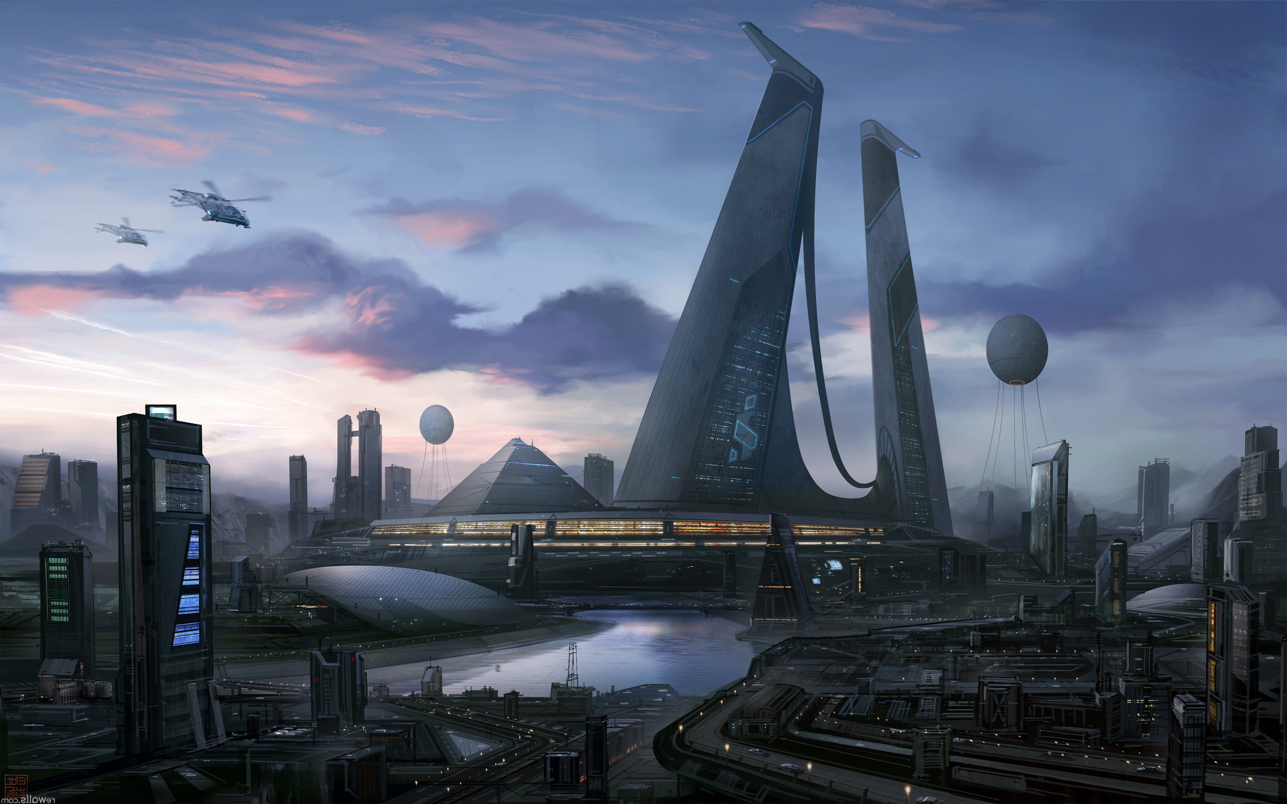 Futuristic city skyline with flying vehicles HD Wallpaper